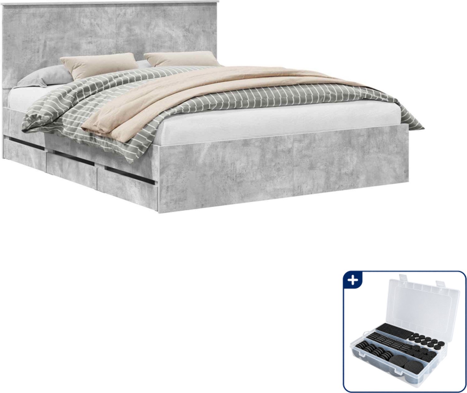 vidaXL Queensize bedframe met lade - 160 x 200 cm - beton grijs - Inclusief antikrasvilt 177-delig