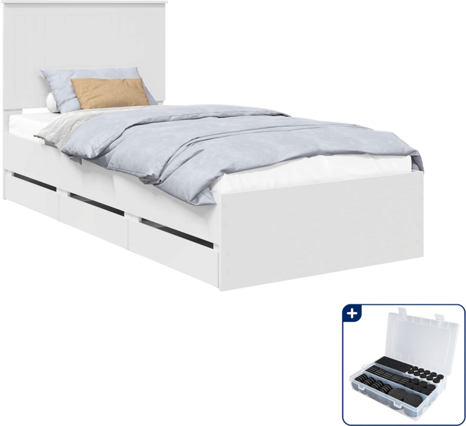 vidaXL bedframe met lade en hoofdeinde - 90 x 200 cm - wit - Inclusief antikrasvilt 177-delig Zwart