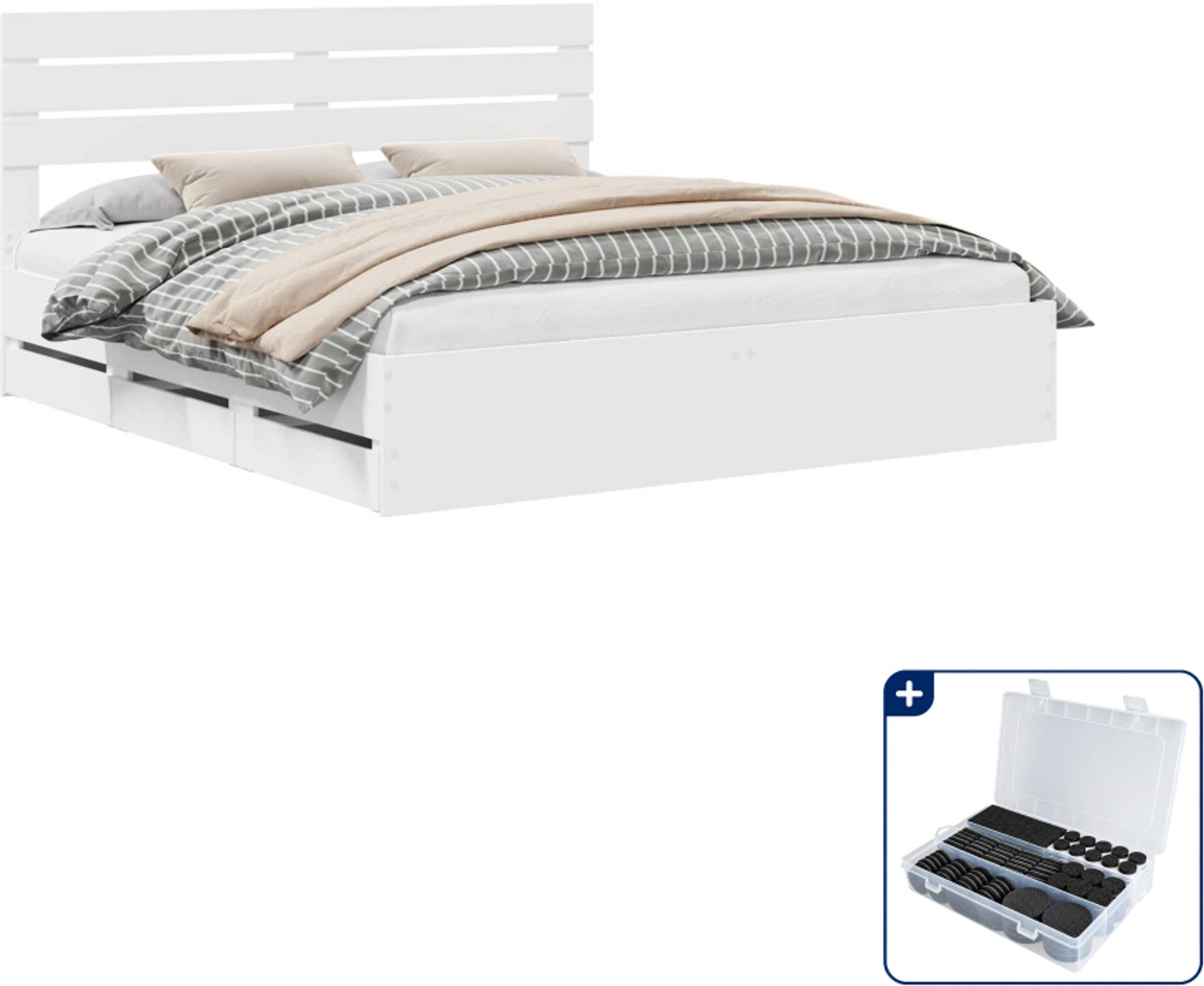 vidaXL Kingsize bedframe met lade - 180 x 200 cm - bewerkt hout - wit - Inclusief antikrasvilt 177-delig
