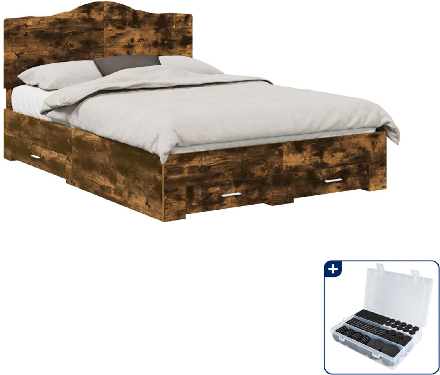 vidaXL Bedframe - 140 x 190 cm - bewerkt hout - gerookt eiken - Inclusief antikrasvilt 177-delig Bruin