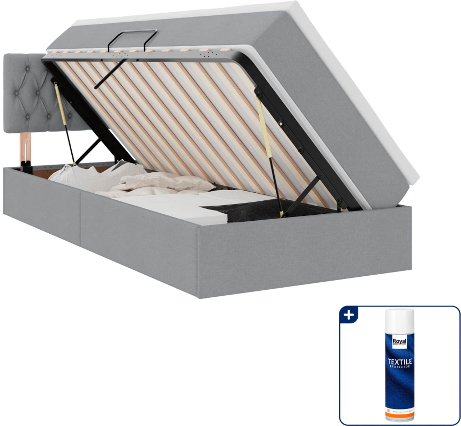 vidaXL opbergbed met matras - 90 x 190 cm - fluweel - lichtgrijs - Inclusief textielbeschermer 500 ml Blauw