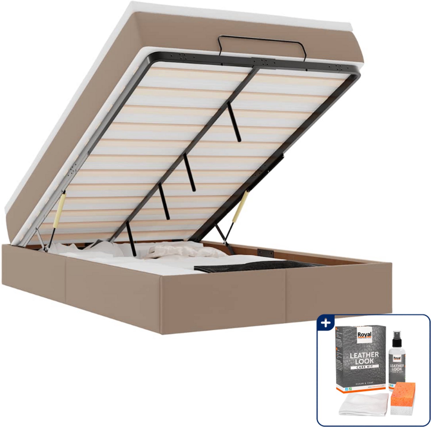 vidaXL ottoman bed met matras - 120 x 200 cm - kunstleer - cappuccino - Inclusief onderhoudsset voor kunstleer 150 ml Grijs
