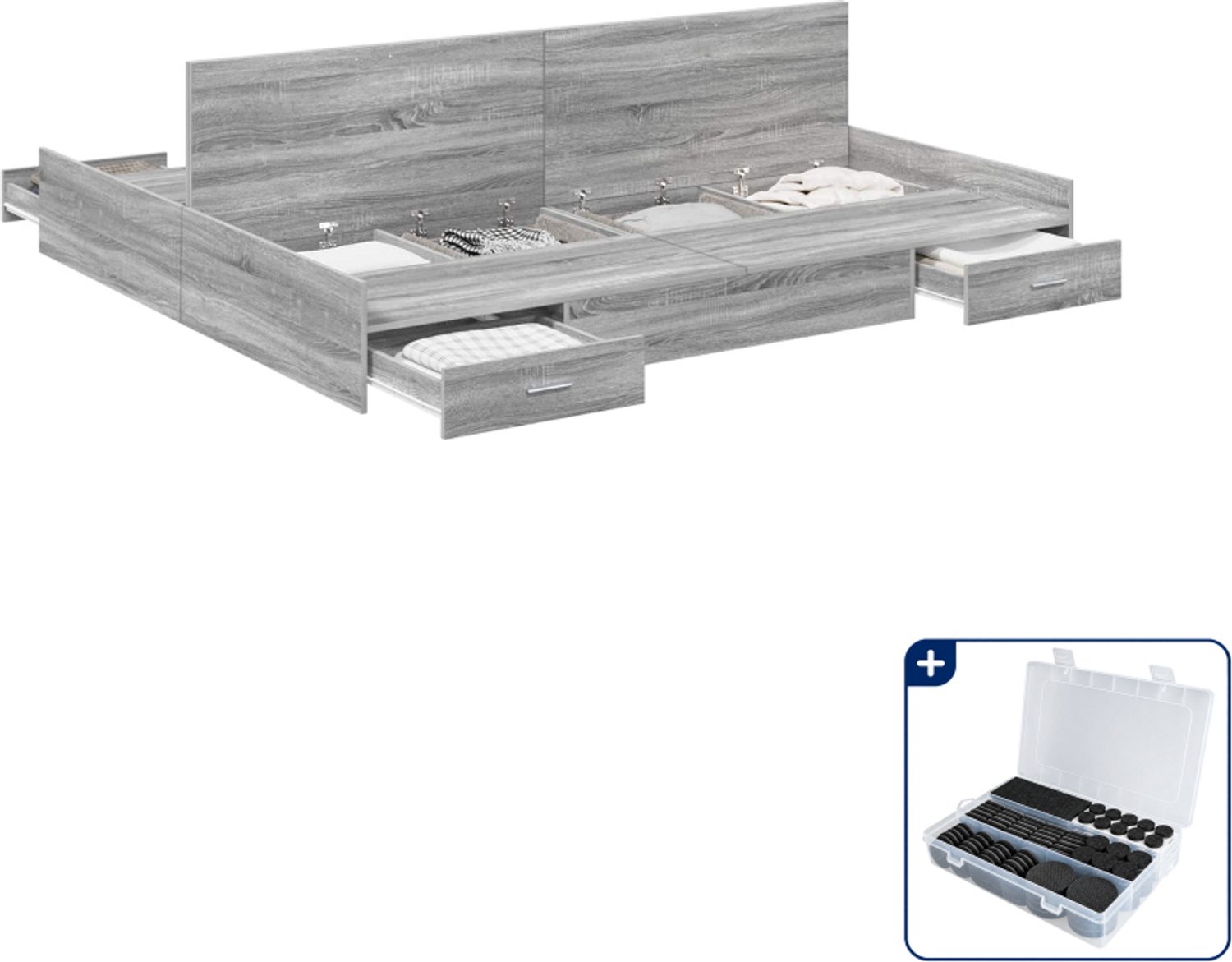 vidaXL Opbergbedframe Kingsize - 180 x 200 cm - grijs sonoma - Inclusief antikrasvilt 177-delig
