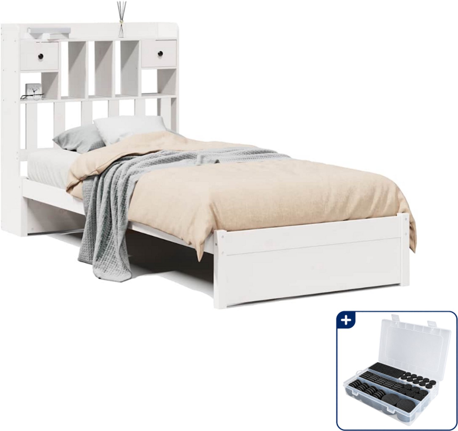vidaXL bed met boekenkast - 75 x 190 cm - massief grenenhout - wit - Inclusief antikrasvilt 177-delig
