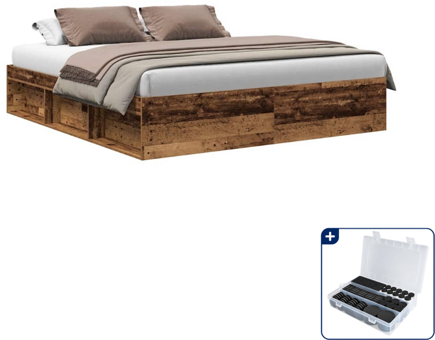vidaXL bedframe - 200 x 200 cm - bewerkt hout - oud hout - Inclusief antikrasvilt 177-delig zwart
