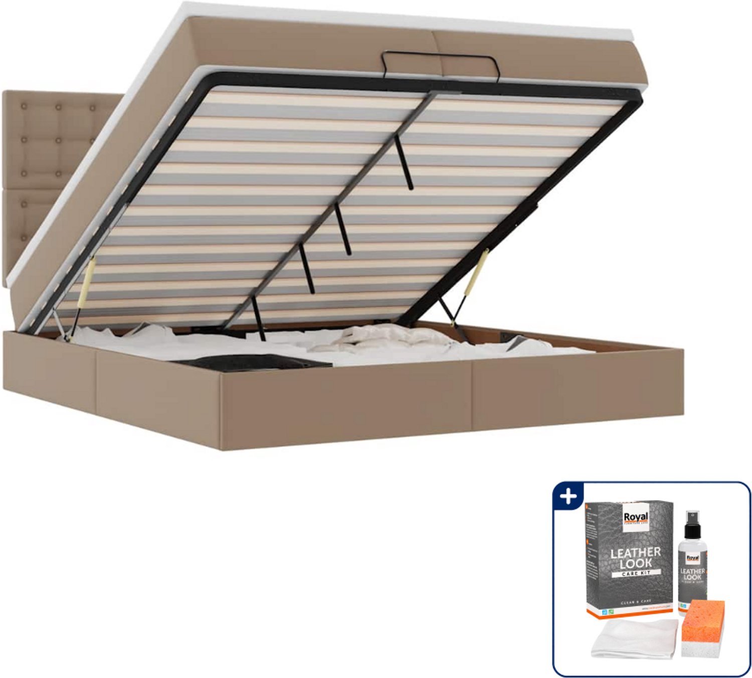 vidaXL ottoman bed met matrassen - 200 x 200 cm - kunstleer - cappuccino - Inclusief onderhoudsset voor kunstleer 150 ml Blauw