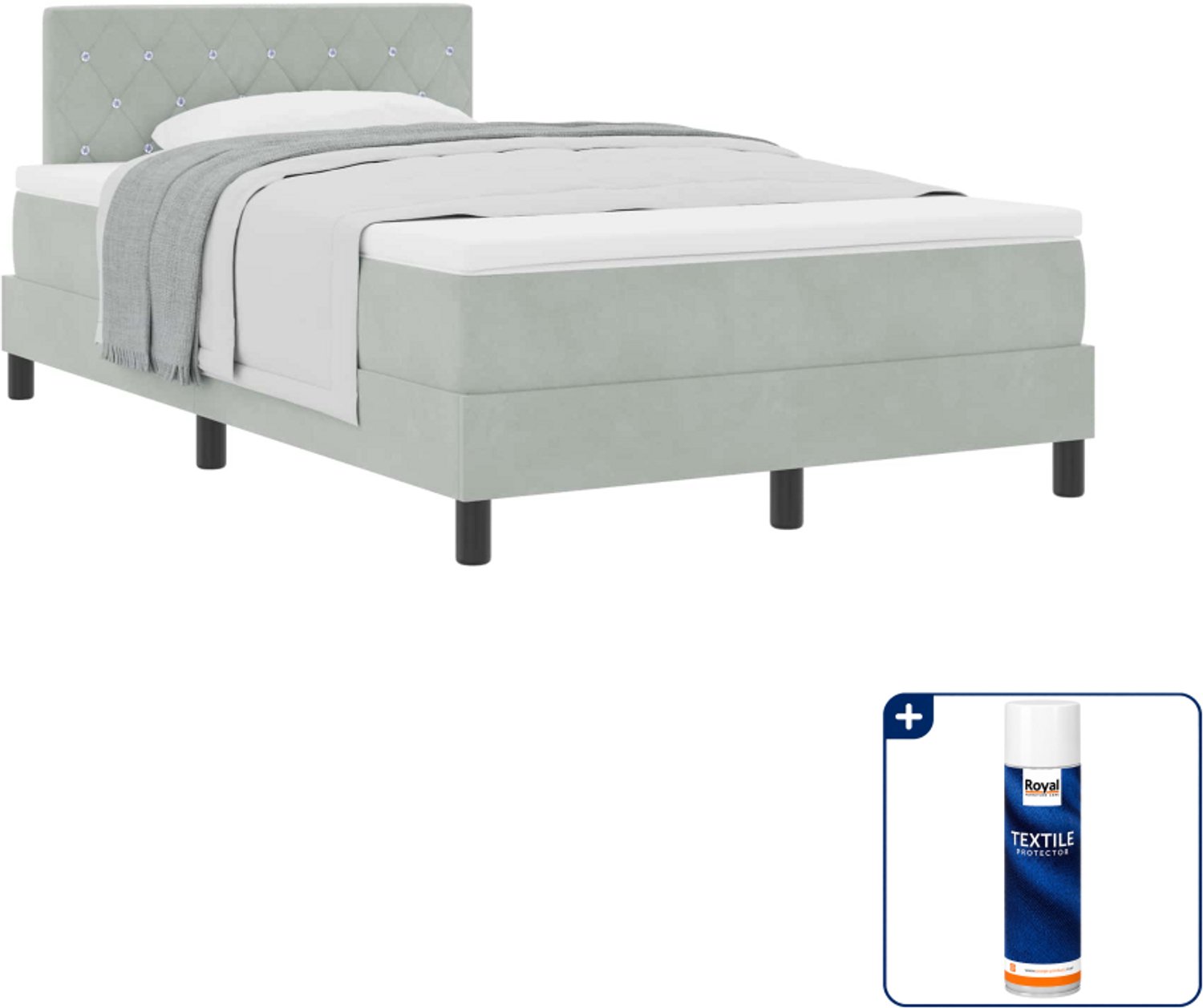 vidaXL boxspringbed met matras - 120 x 200 cm - fluweel - lichtgrijs - Inclusief textielbeschermer 500 ml