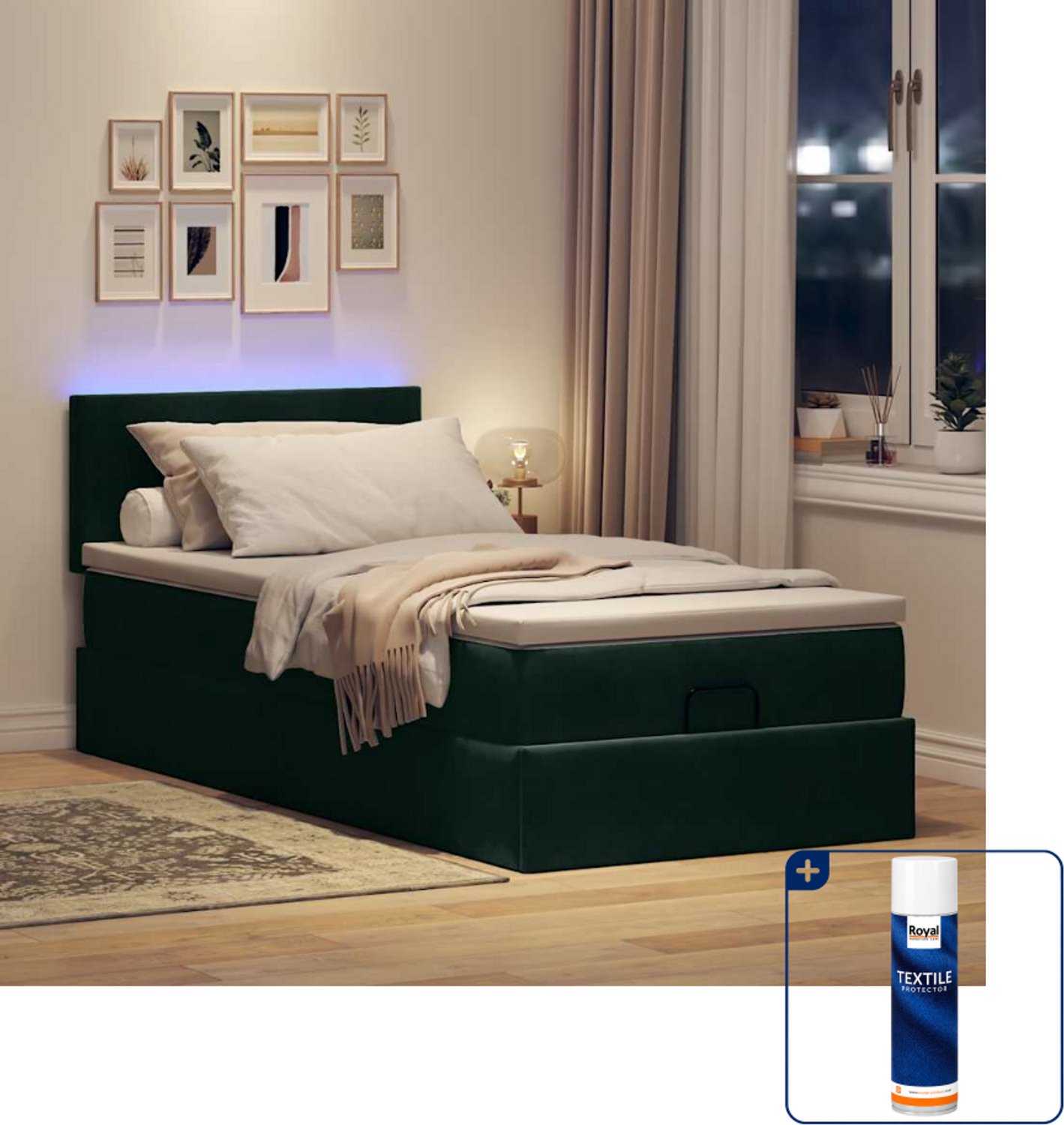 vidaXL ottoman bed - 90 x 190 cm - fluweel - donkergroen - Inclusief textielbeschermer 500 ml Blauw