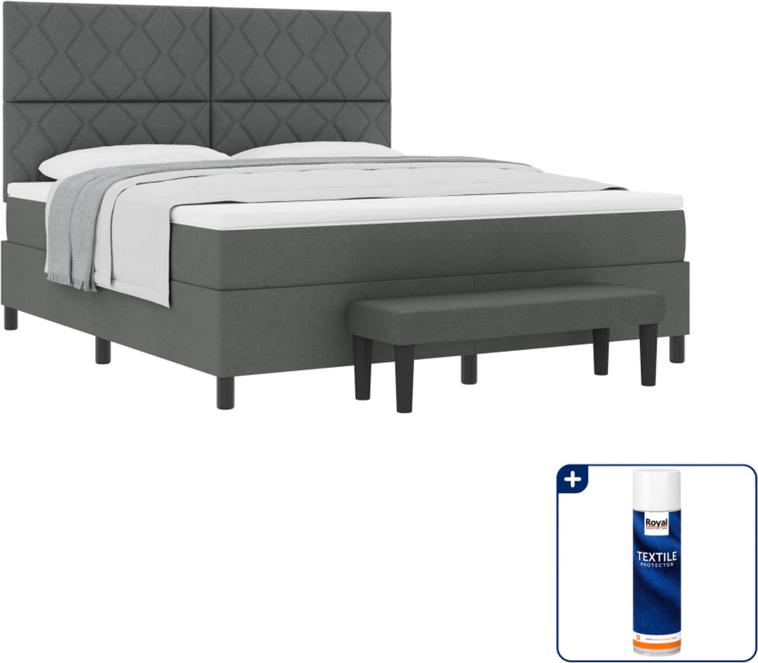 vidaXL Kingsize boxspringbed - 180 x 200 cm - donkergrijs - Inclusief textielbeschermer 500 ml Lichtgrijs