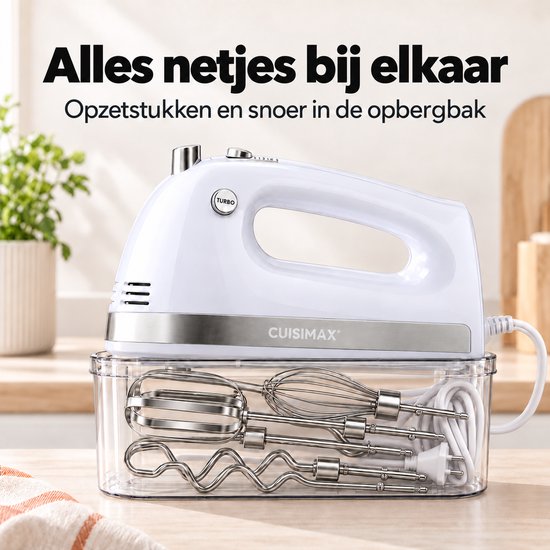Cuisimax Krachtige Handmixer met Opbergbasis - 5 Standen + Turbo - Met Kloppers & Kneedhaken - Compacte mixer - Keukenmachine van Cuisimax — afbeelding 3