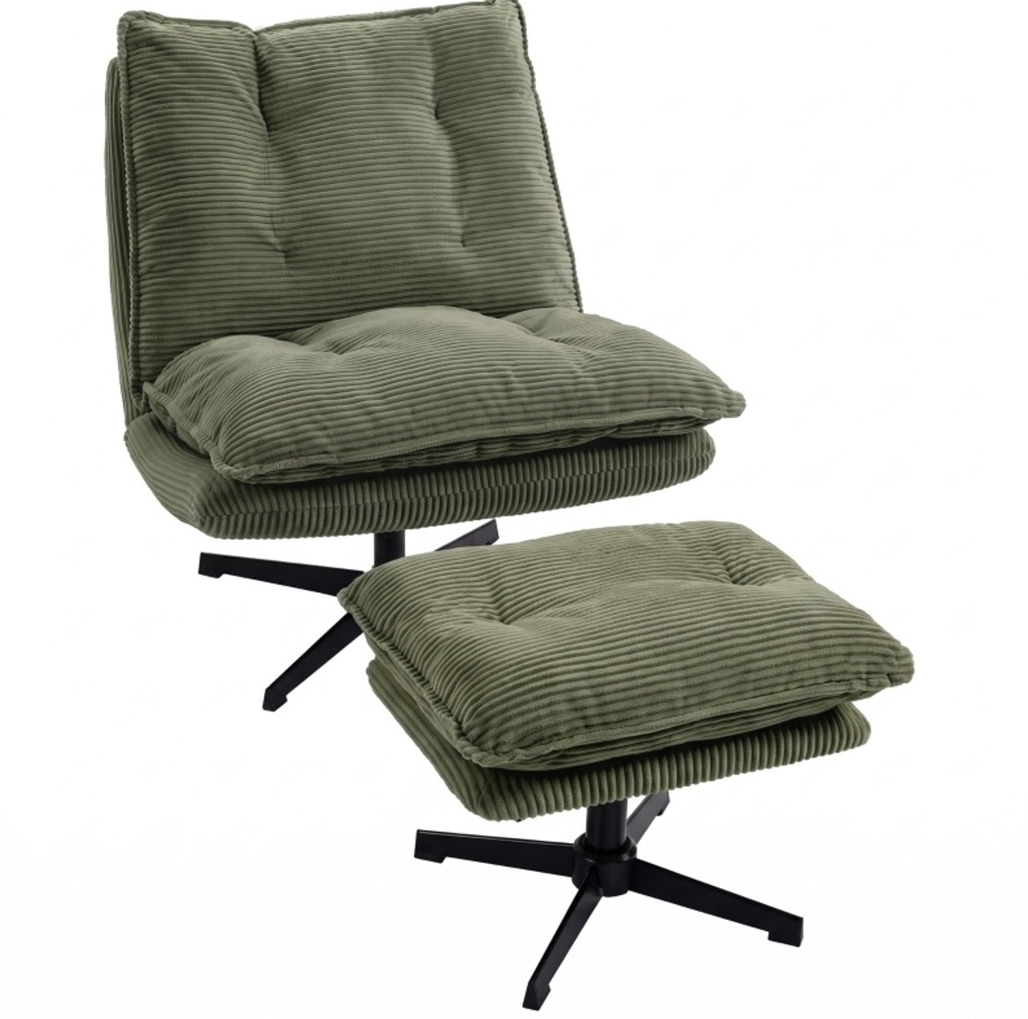 DESMIU Fauteuil 82 x 74 x 89 cm - 360 Graden Draaibaar Met Verstelbare Hocker - Voor Woonkamer En Leeshoek - Ribstof - Groen