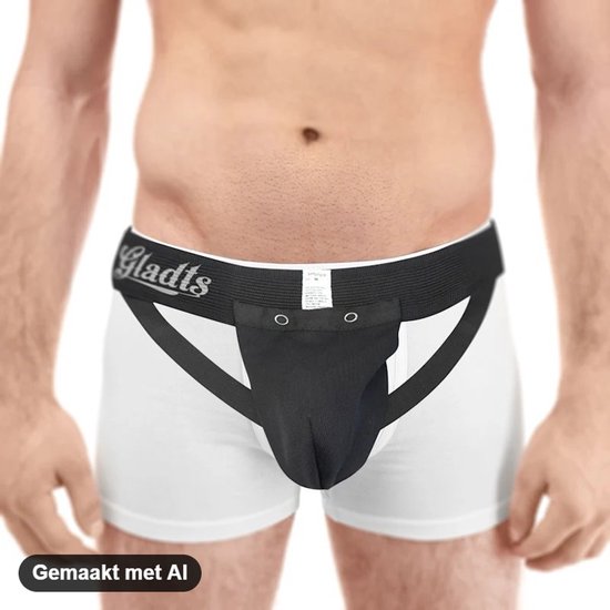 Gladts tok gedragen over witte boxershort, zwarte band met merknaam 'Gladts'.
