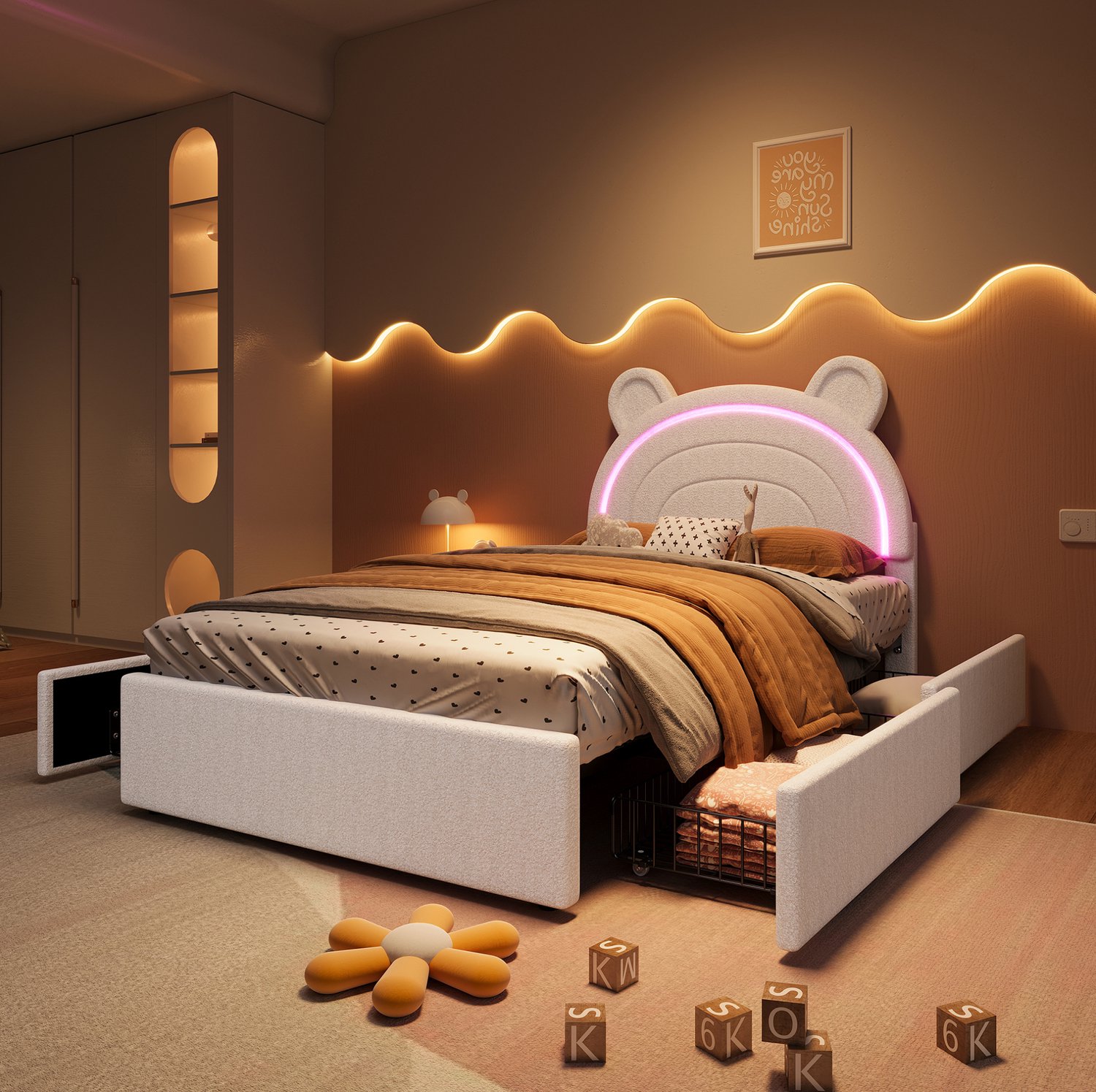 Wishdor Kinderbed 90x200 cm - Gestoffeerd bed met berenhoofdbord - Vier lades aan beide zijden en LED-verlichting met appbediening - Fluwelen bekleding - Beige