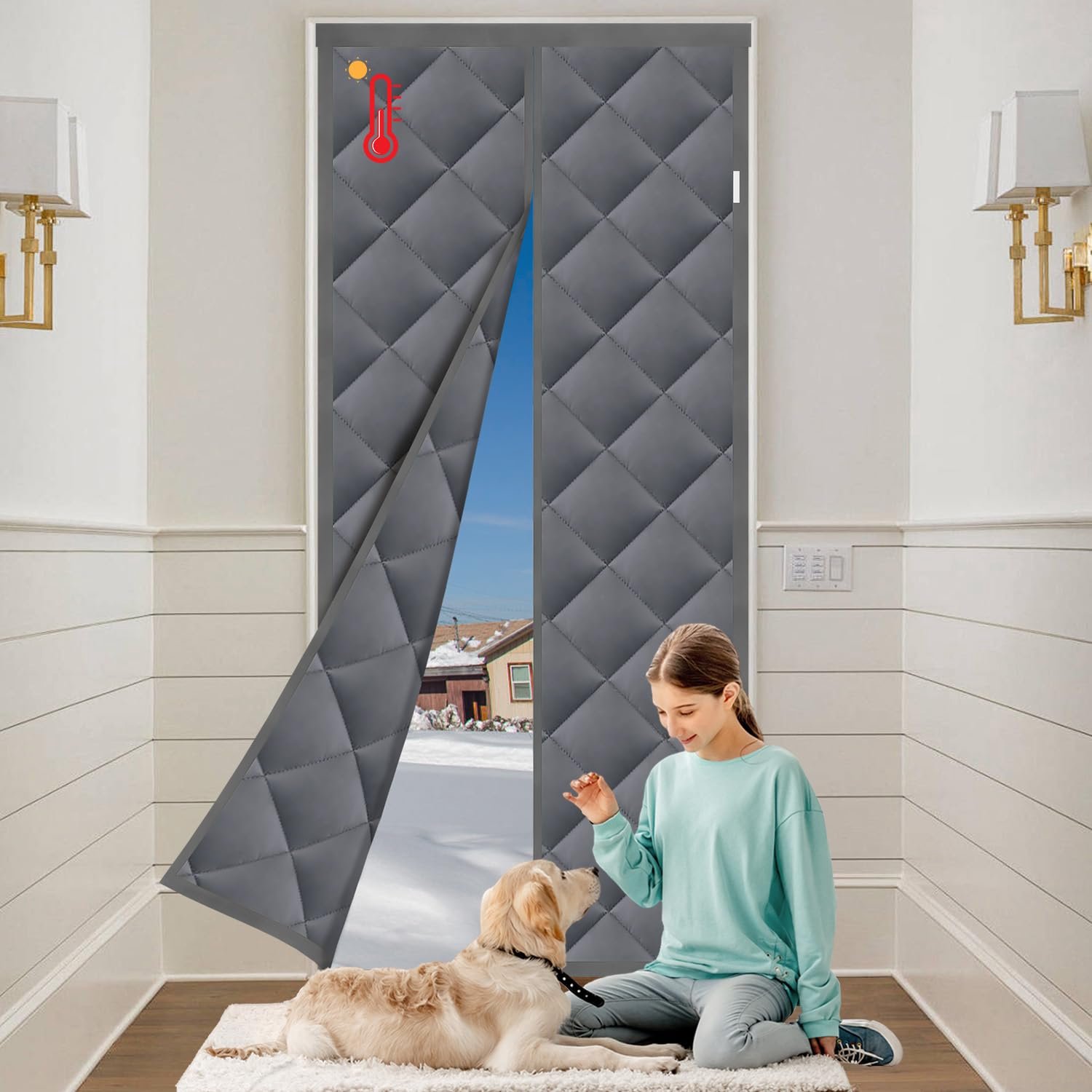 Famanu Thermisch deurgordijn met magnetische isolatie, geluidswerend en winddicht, vervaardigd uit Oxford polyester en katoen, 1 stuk van 80 x 210 cm, voor winterisolatie en energiebesparing Grijs