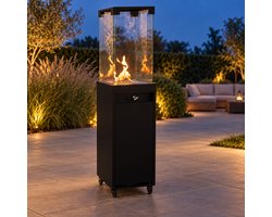 Terrashaard op Gas - Terrasheater & Buitenhaard op Gas met Echte Vlam - Zwart - 8,2 kW - Verrijdbaar - Gasfles Uit het Zicht - Incl. Hoes & Drukregelaar 37 mbar