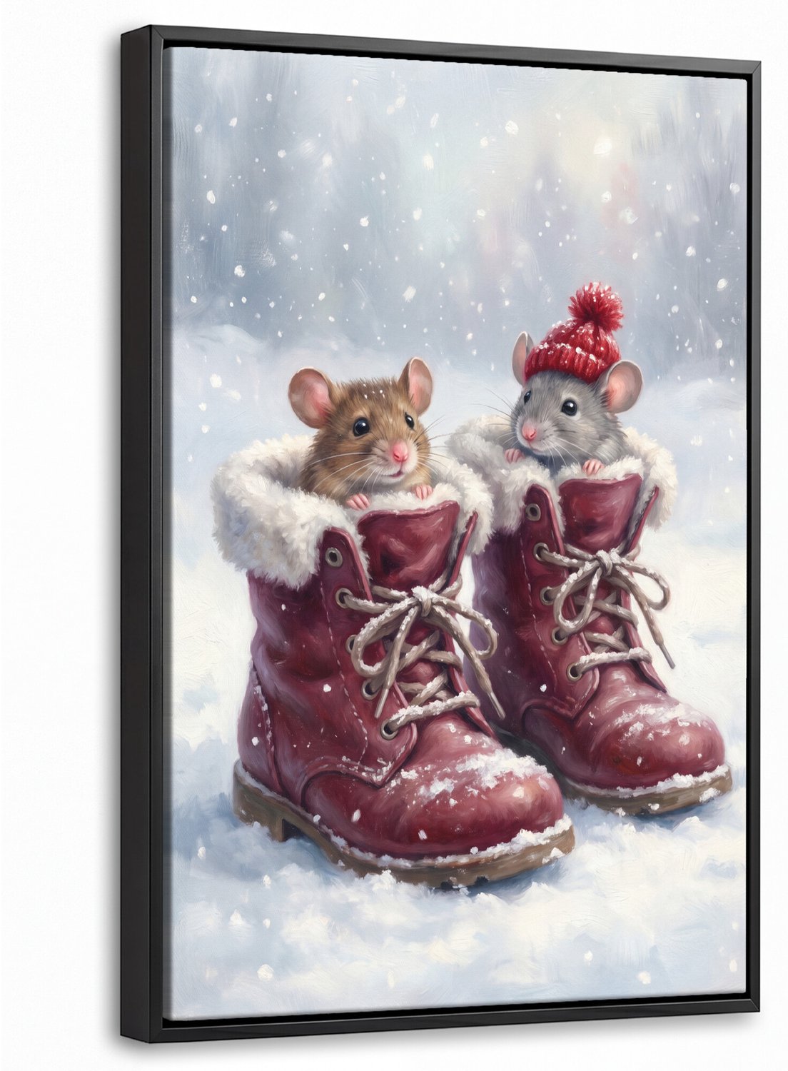 Canvas Schilderij met Baklijst 20x30cm - Muizen - Laarzen - Sneeuw - Muurdecoratie woonkamer - Slaapkamer decoratie - Kamer accessoires - Schilderijen op canvas met lijst