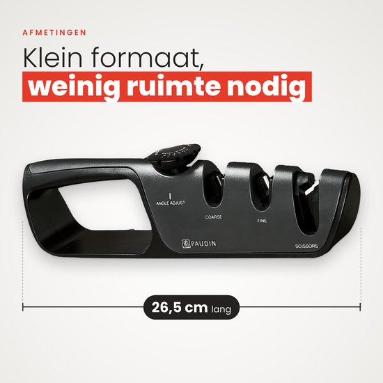 Zwarte messenslijper van 26,5 cm lang, ideaal voor compact opbergen.