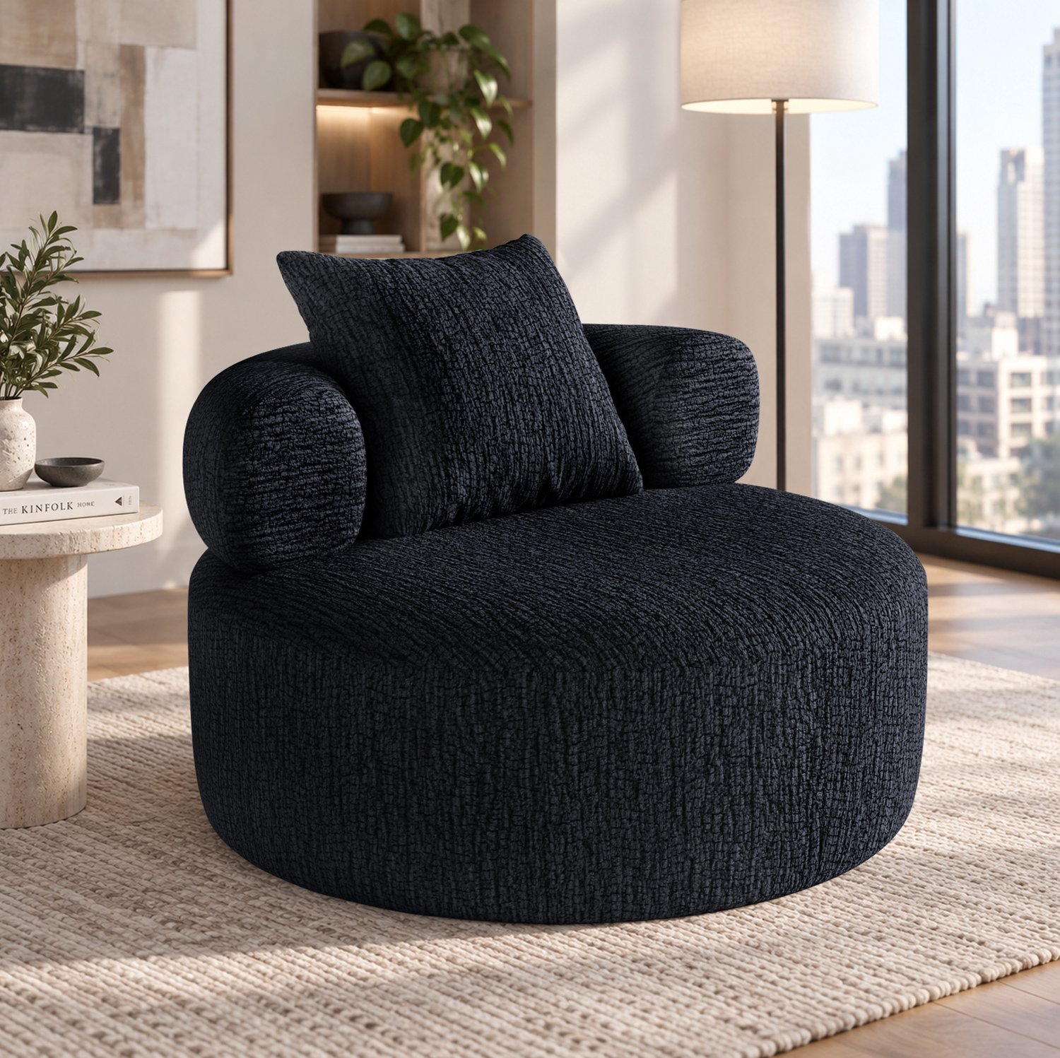 MODENUIT Zitzak 100 x 100 x 65 cm - Rond Met Rugleuning En Kussen - Voor Woonkamer - Chenille - Zwart