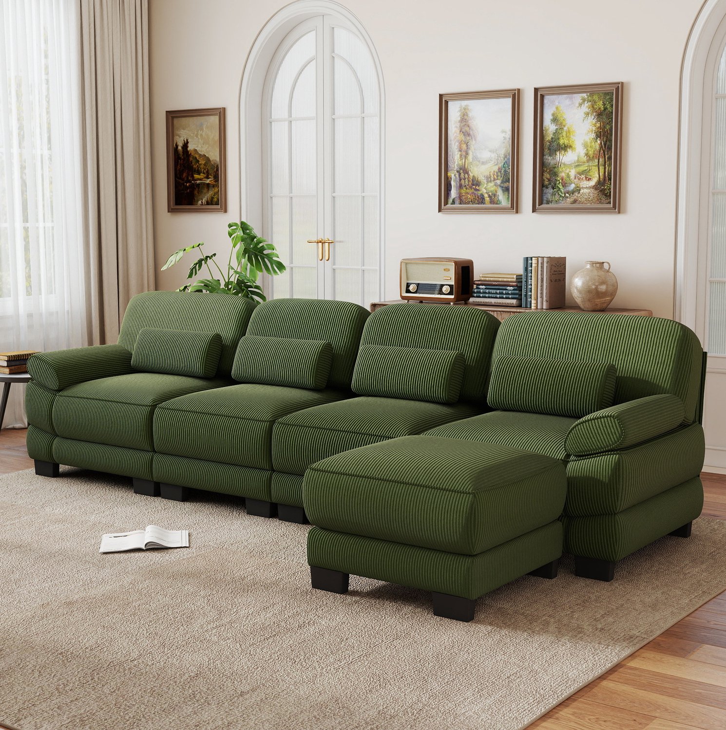 MODENUIT Hoekbank 336 x 161 x 94 cm - Modulaire 4-Zits Met Voetenbank - Woonkamer - Ribfluweel - Groen