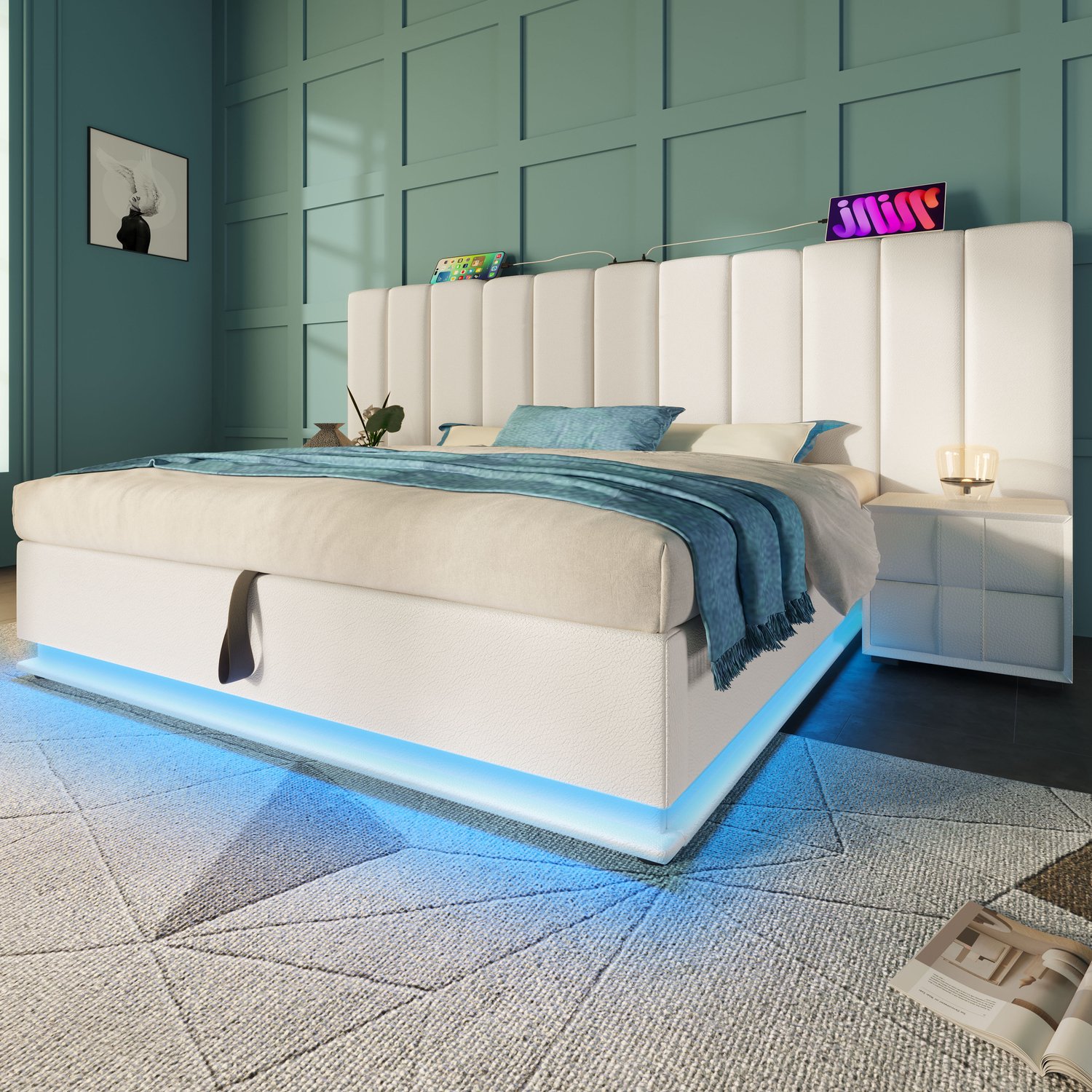 MUVANO Wit gestoffeerd opbergbed 180x200 - Tweepersoonsbed - Led met appbediening en USB-C - PU-kunstleer - Hydraulische lattenbodem - Slaapkamer