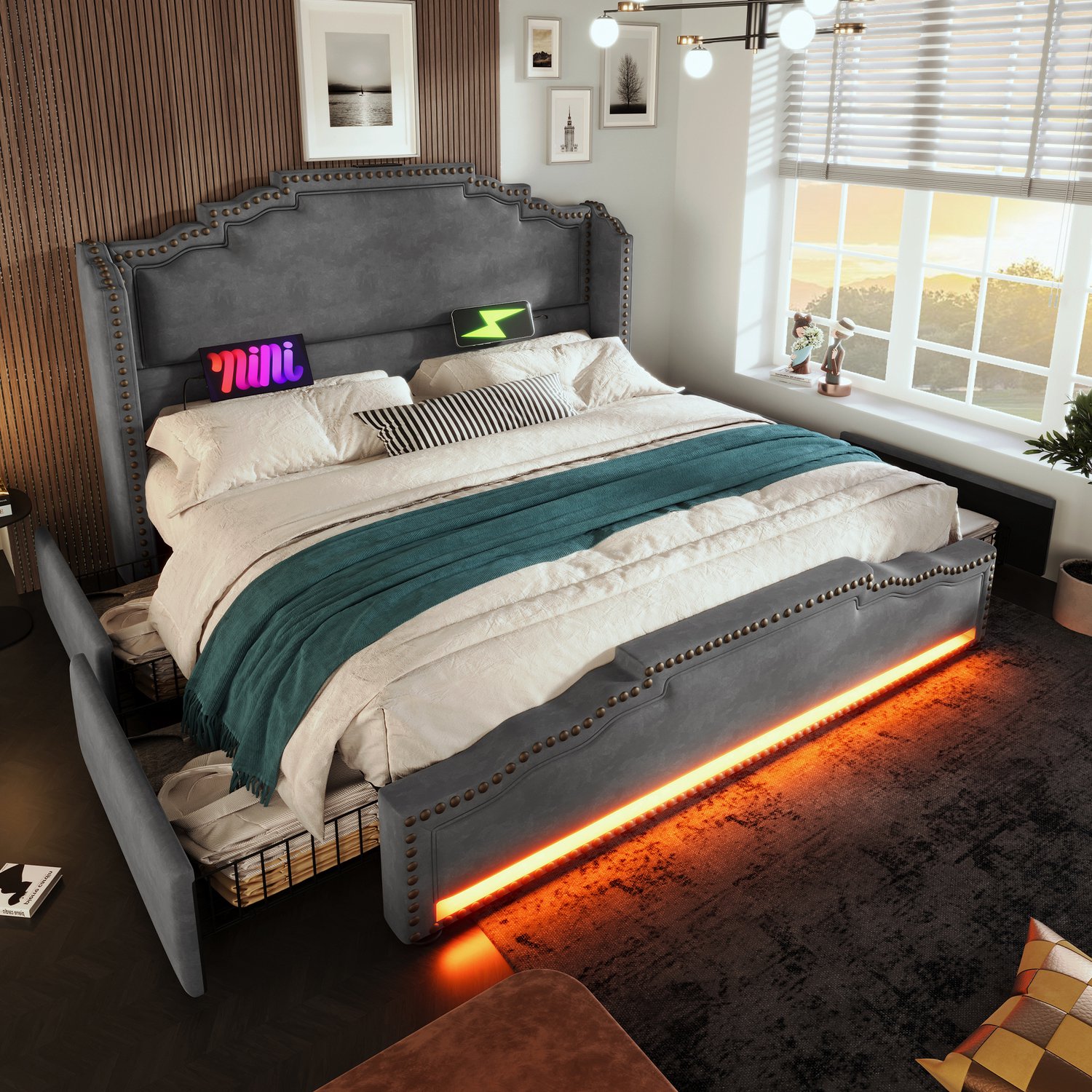 MUVANO Gestoffeerd bed 180x200 - Tweepersoonsbed met 4 lades - Ledverlichting en USB-C - Fluweel met lattenbodem - Zonder matras - Slaapkamer grijs