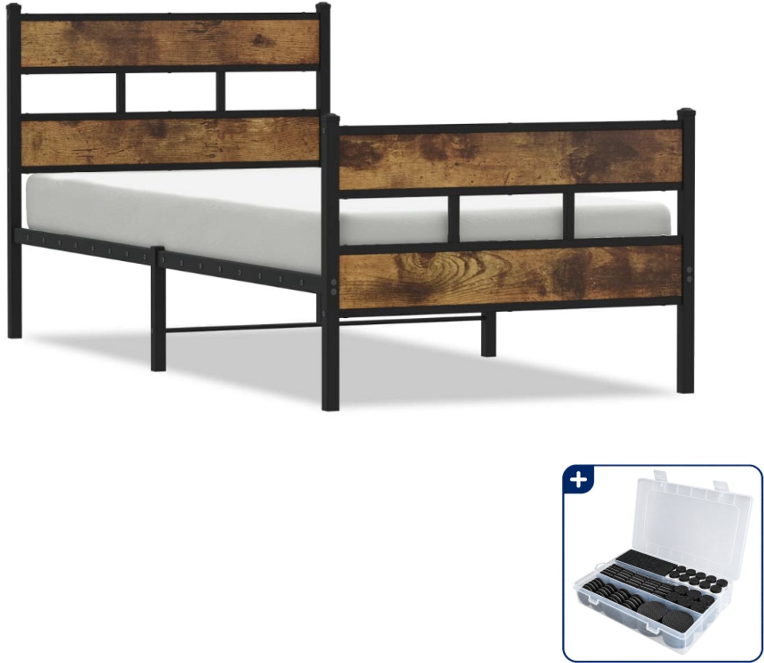 vidaXL bedframe - 107 x 203 cm - ijzer en bewerkt hout - zwart - Inclusief antikrasvilt 177-delig Bruin
