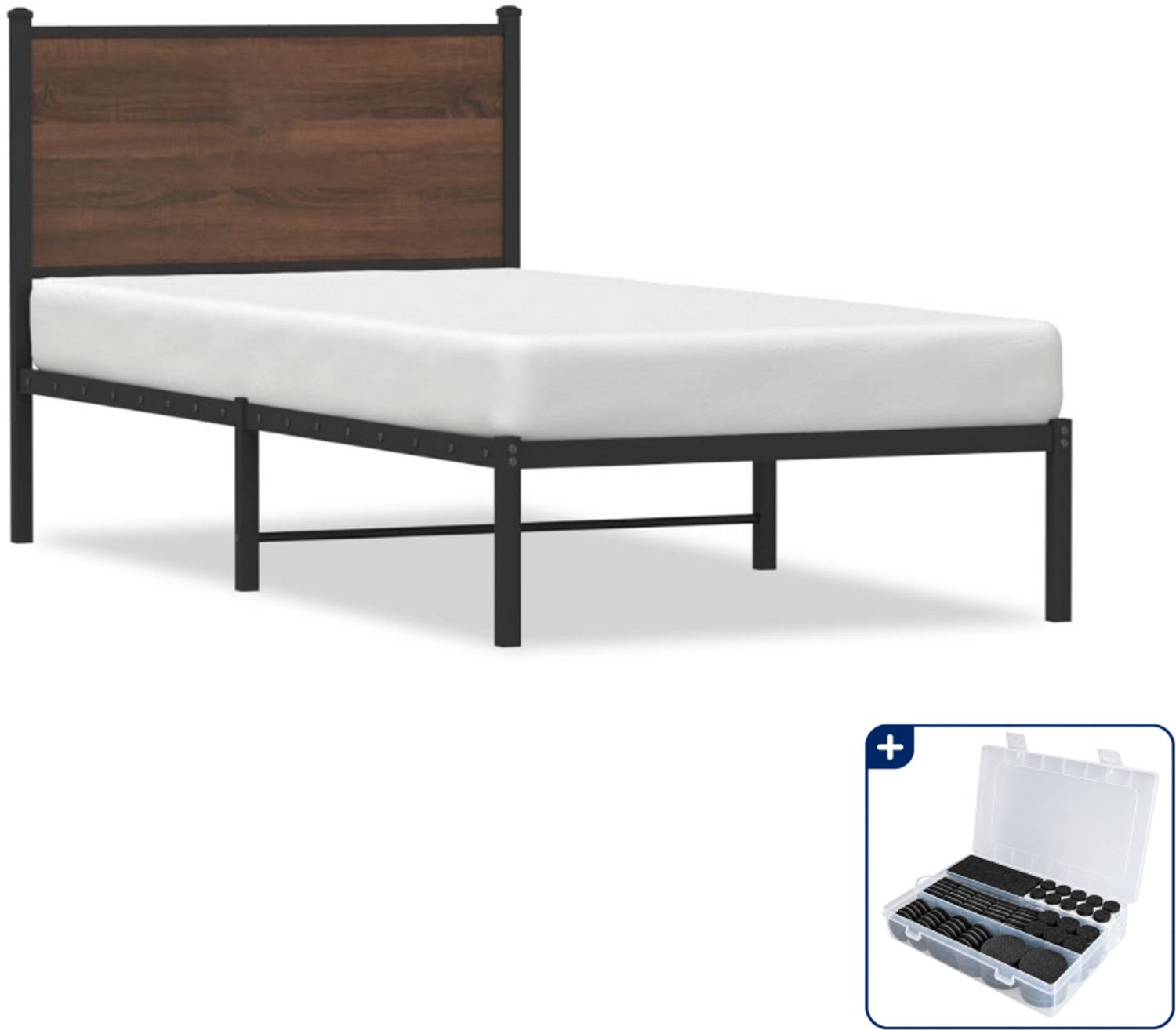 vidaXL bedframe - 75 x 190 cm - staal en bewerkt hout - bruineiken - Inclusief antikrasvilt 177-delig