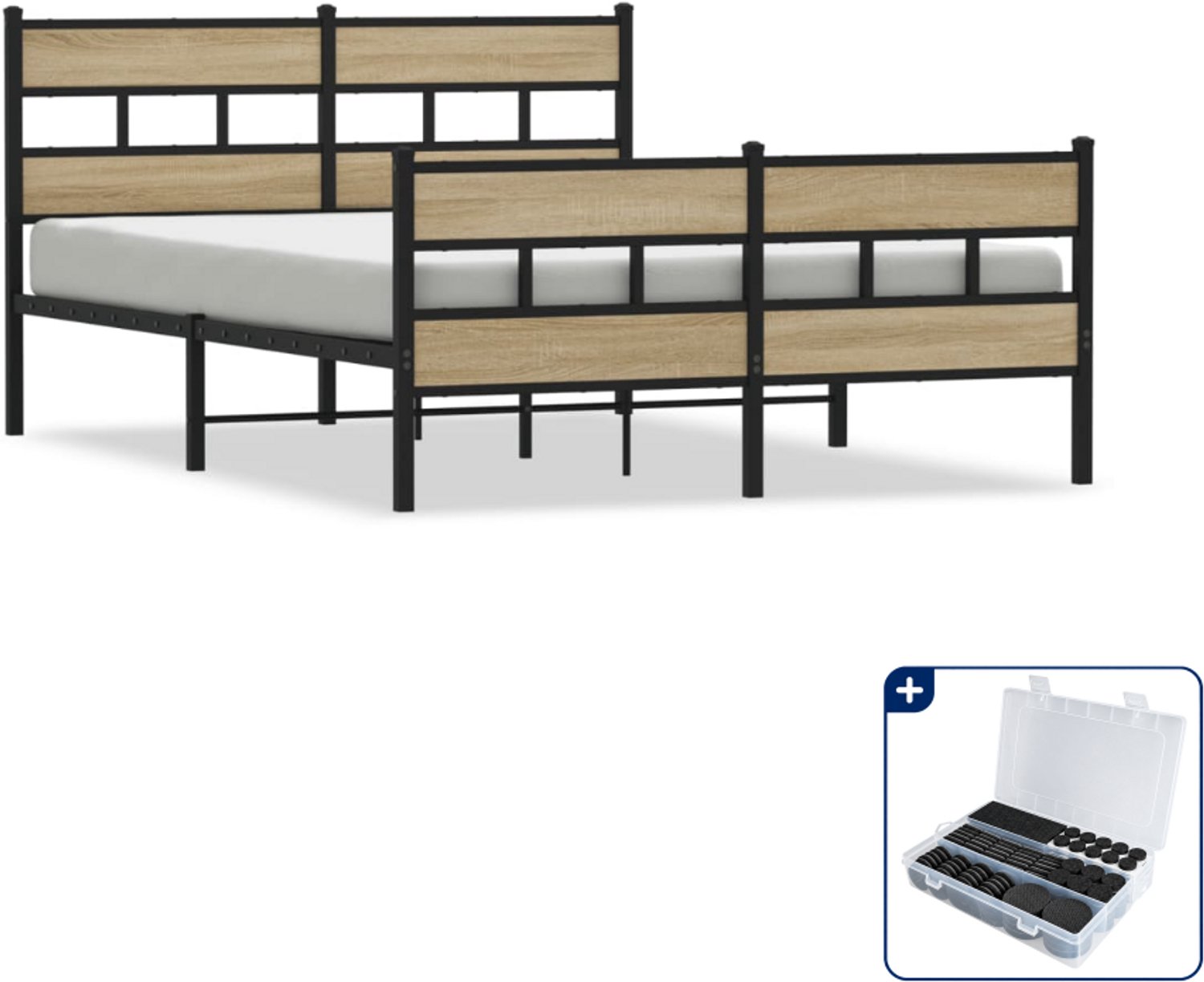 vidaXL Bedframe - Small double - 140 x 200 cm - zwart en sonoma eiken - Inclusief antikrasvilt 177-delig Bruin