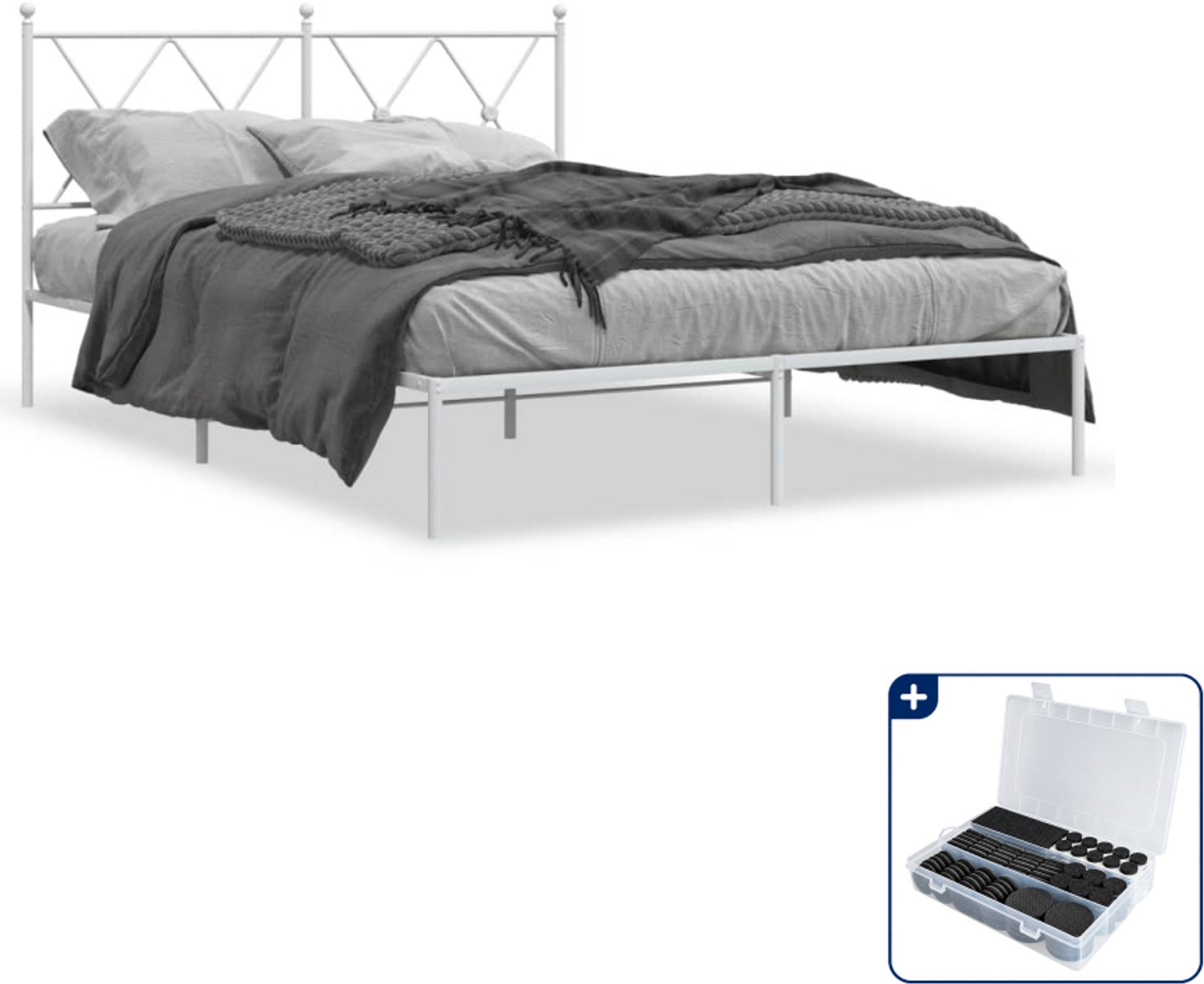 vidaXL bedframe - 135 x 190 cm - metaal - wit - Inclusief antikrasvilt 177-delig