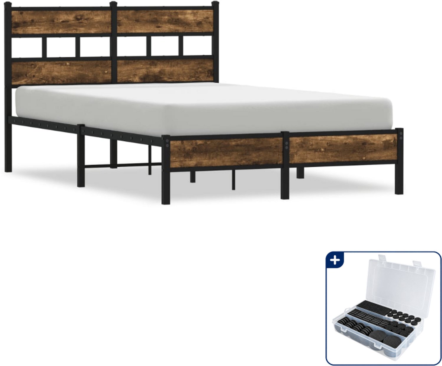 vidaXL Bedframe - 120 x 200 cm - staal en bewerkt hout - gerookt eiken - Inclusief antikrasvilt 177-delig Bruin