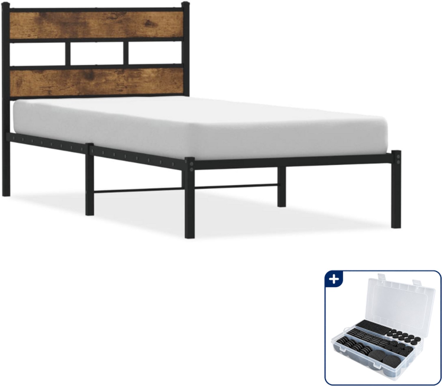vidaXL bedframe - 75 x 190 cm - zwart en gerookt eikenkleur - Inclusief antikrasvilt 177-delig Bruin
