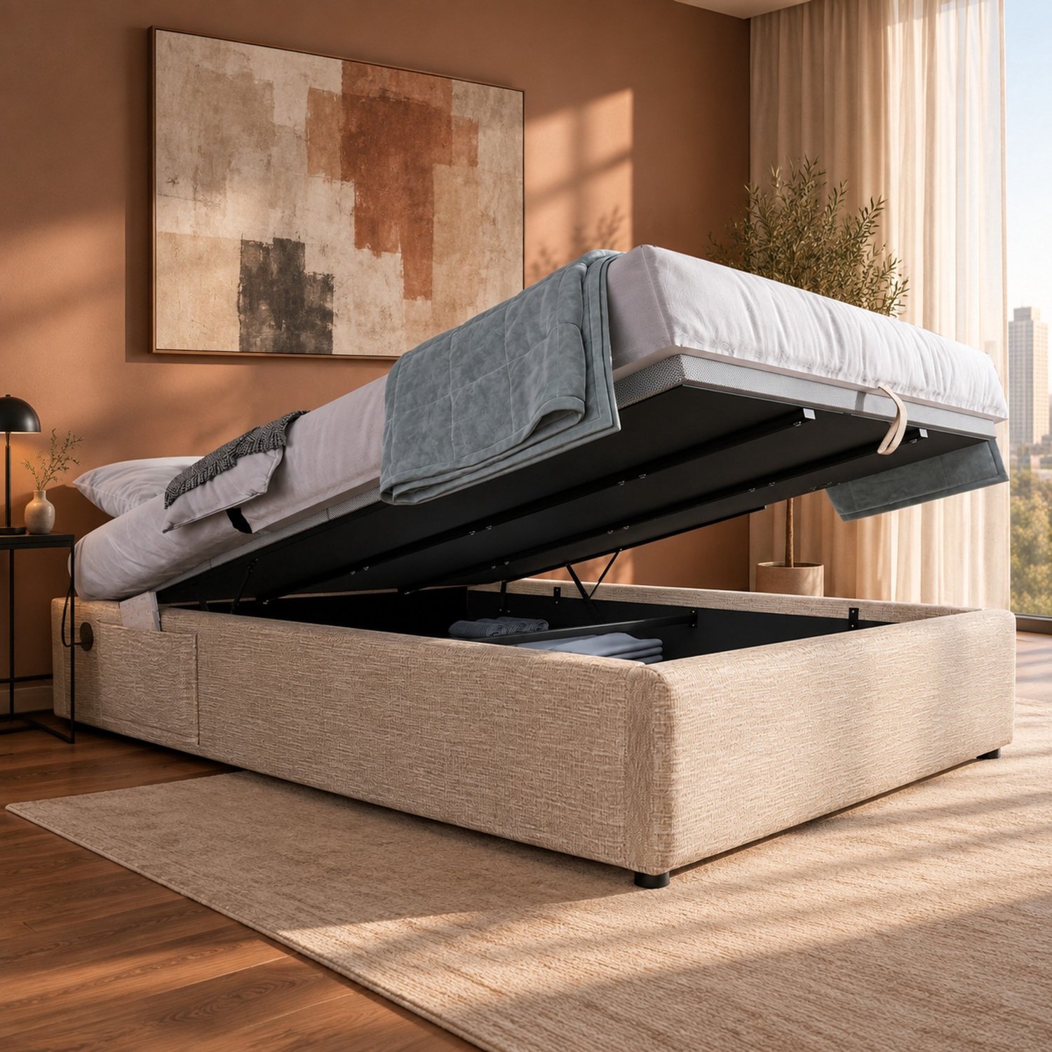 Maisentiel Gestoffeerd opbergbed 140 x 200 cm – beige/naturel – USB en Type-C – zonder hoofdbord