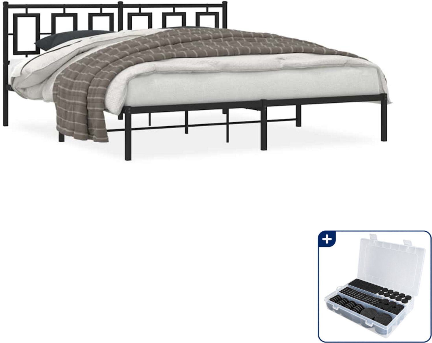 vidaXL Bedframe - 183 x 213 cm - metaal - zwart - Inclusief antikrasvilt 177-delig