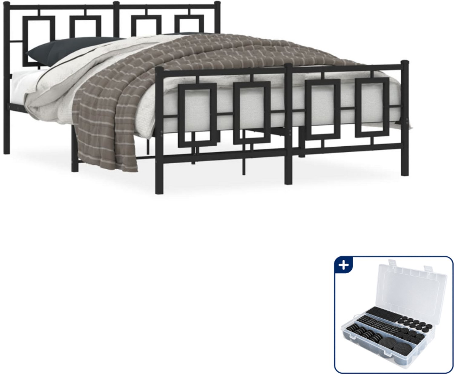 vidaXL bedframe - 135 x 190 cm - metaal - zwart - Inclusief antikrasvilt 177-delig