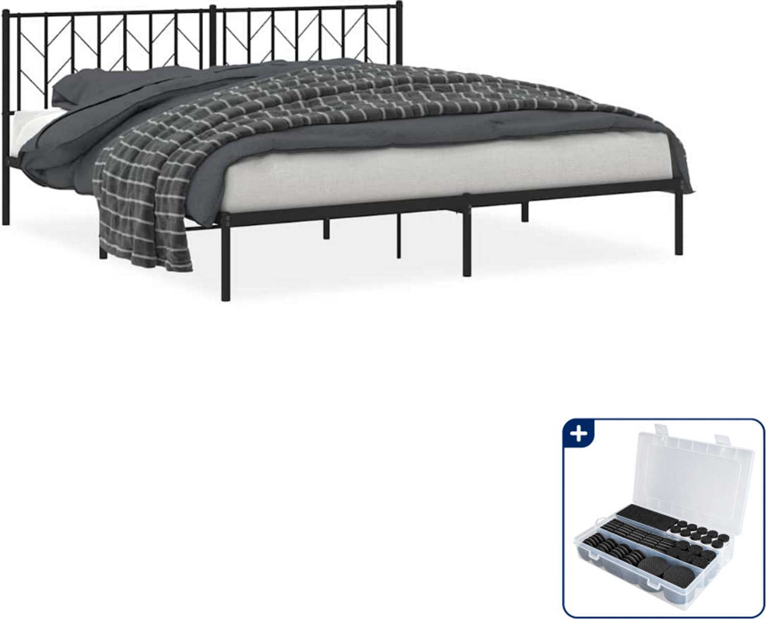vidaXL Bedframe met hoofdbord - 193 x 203 cm - staal - zwart - Inclusief antikrasvilt 177-delig