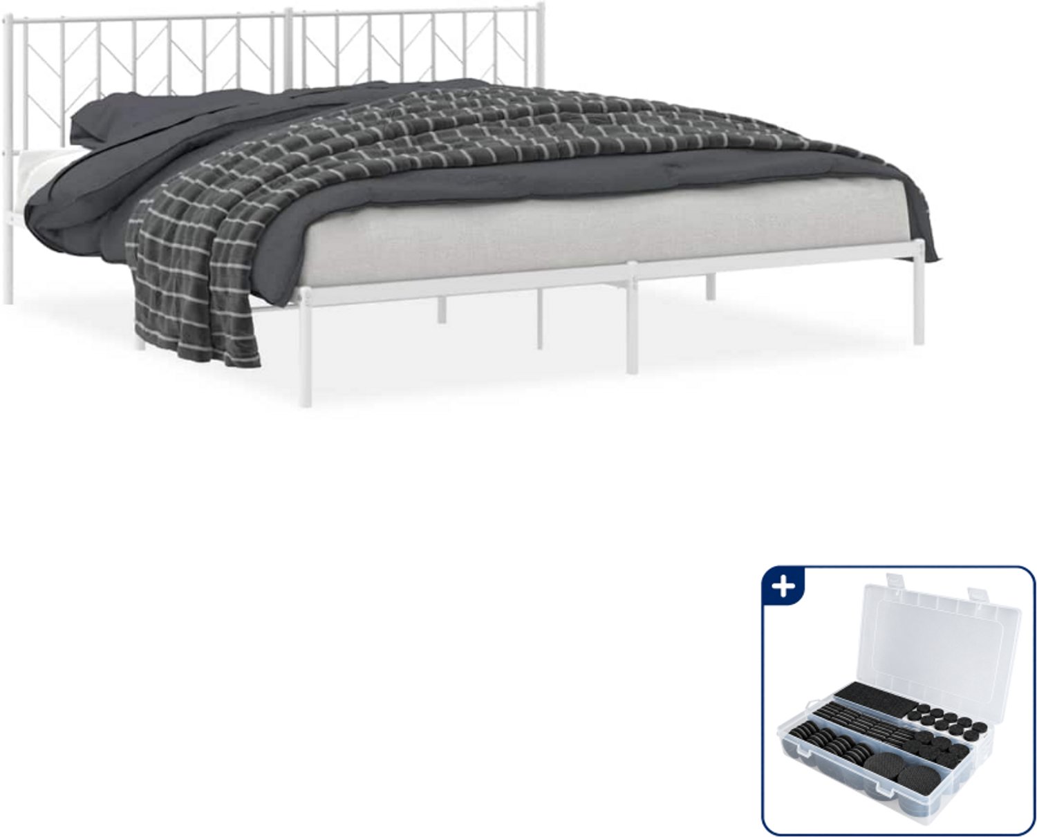 vidaXL Bedframe met hoofdbord - 193 x 203 cm - staal - wit - Inclusief antikrasvilt 177-delig