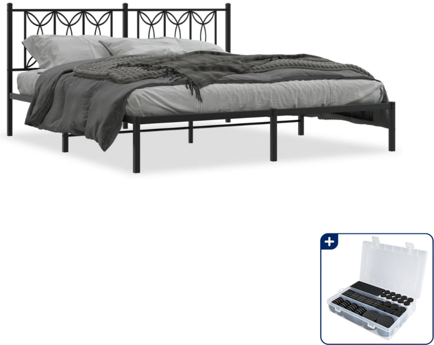 vidaXL bedframe - 183 x 213 cm - metaal - zwart - Inclusief antikrasvilt 177-delig