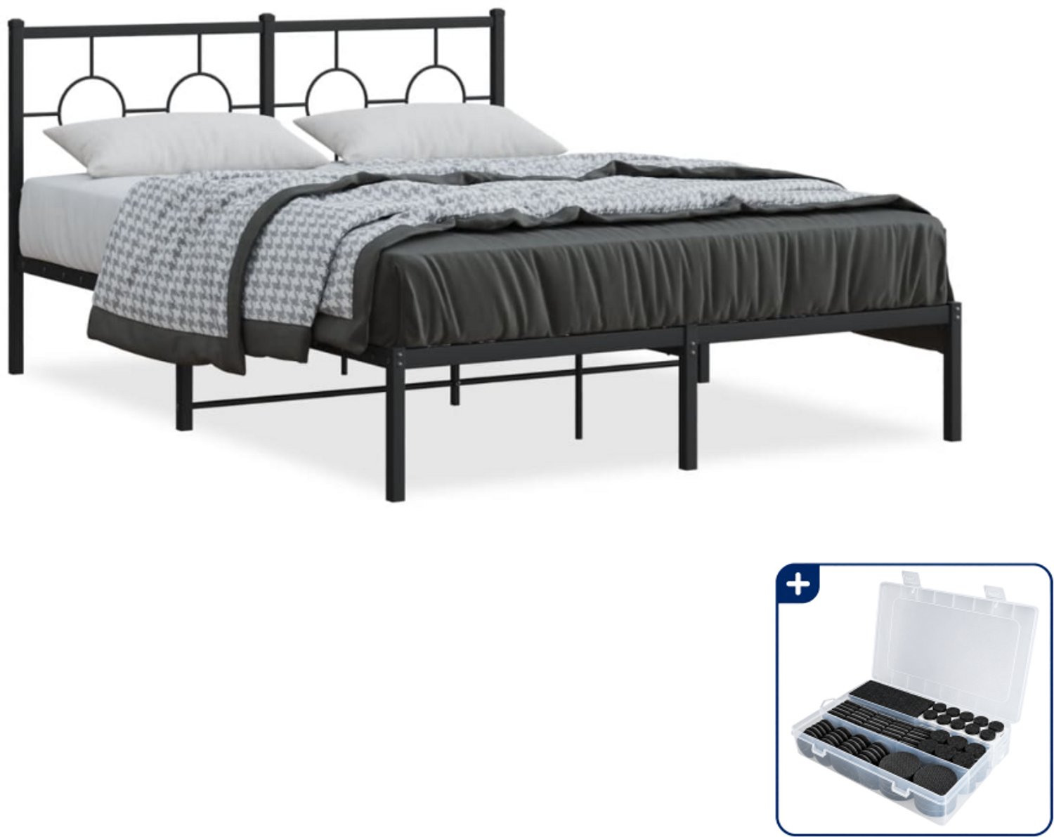 vidaXL bedframe met hoofdbord - 140 x 190 cm - staal - zwart - Inclusief antikrasvilt 177-delig