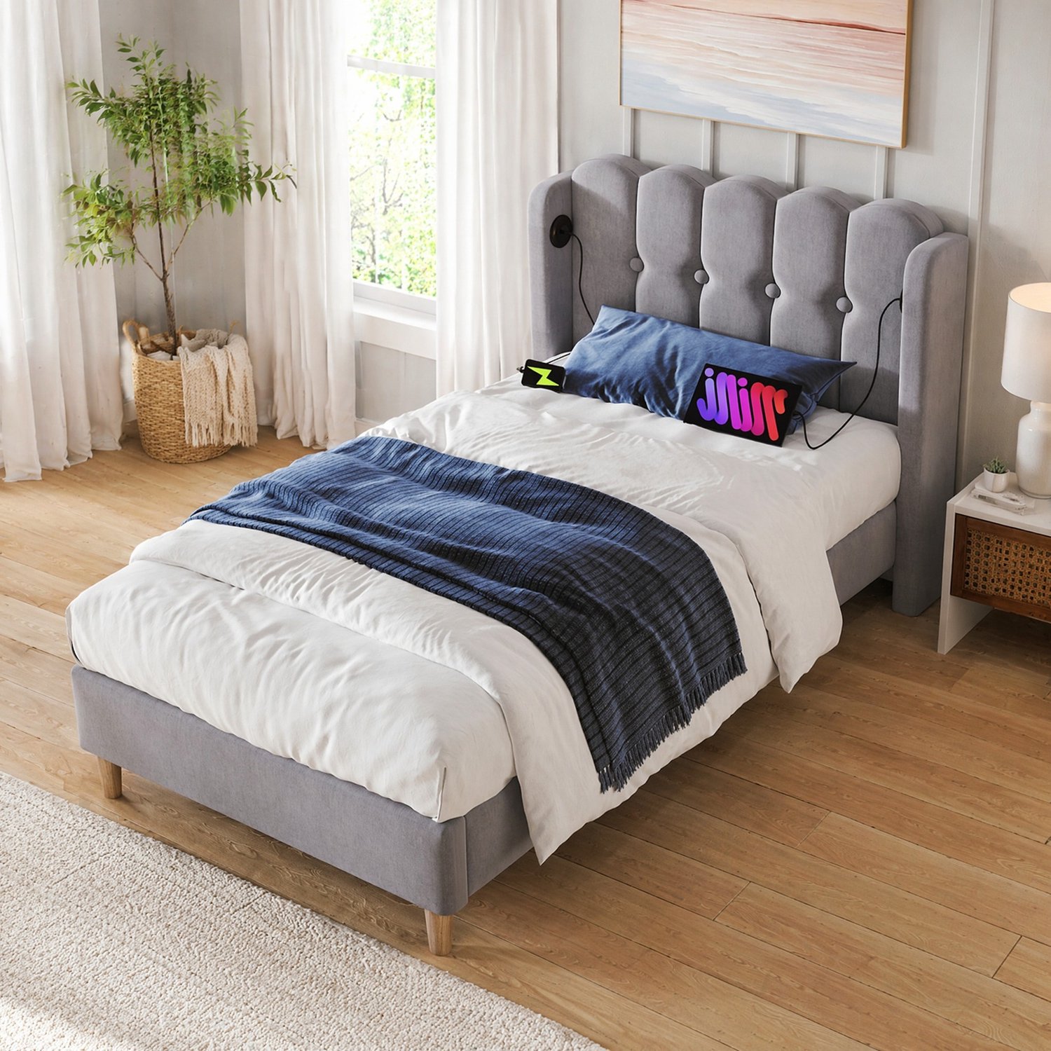 Maisentiel Gestoffeerd eenpersoonsbed 90 x 200 cm met USB en USB-C - grijs linnen