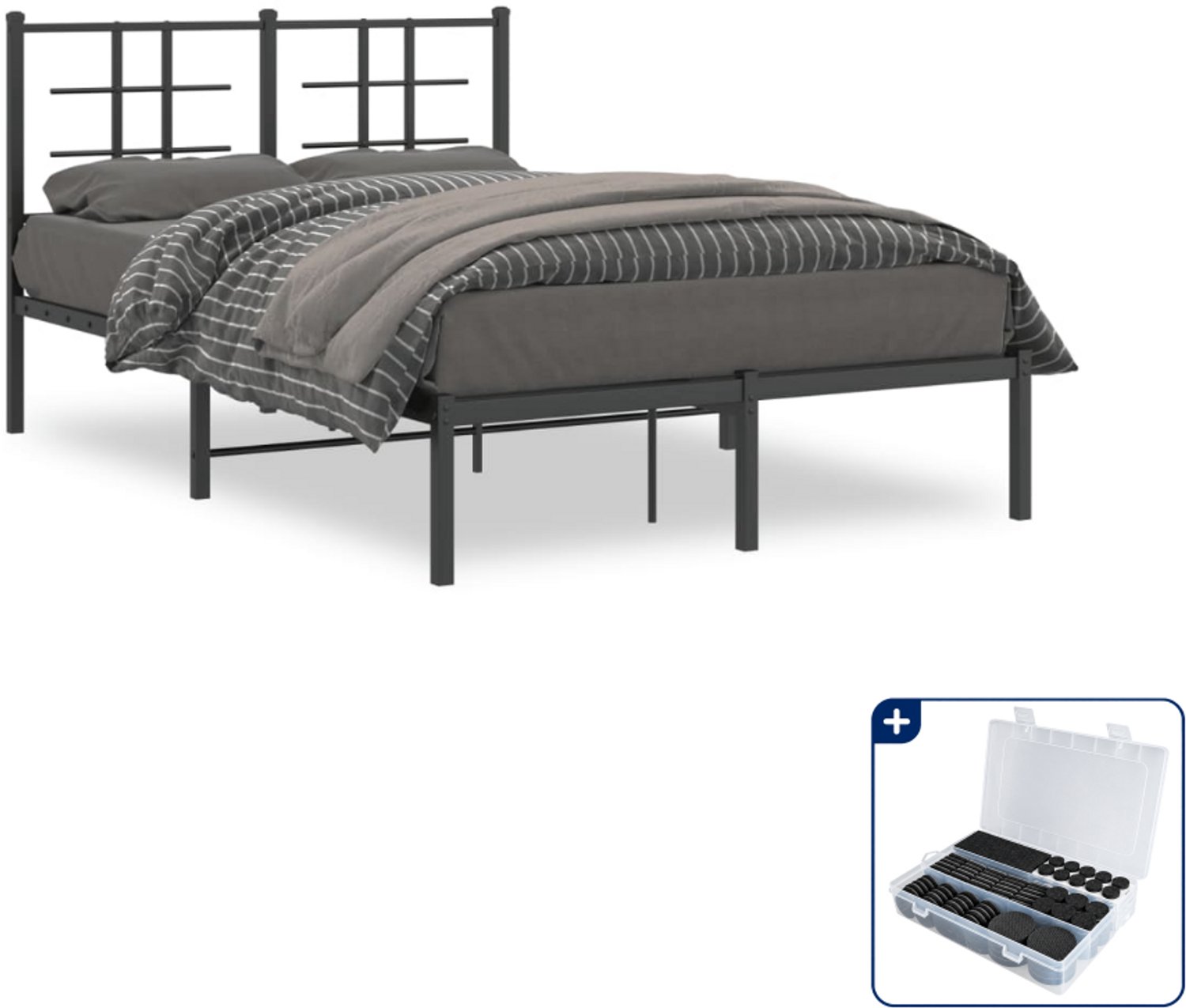 vidaXL Bedframe met hoofdbord - 120 x 190 cm - staal - zwart - Inclusief antikrasvilt 177-delig