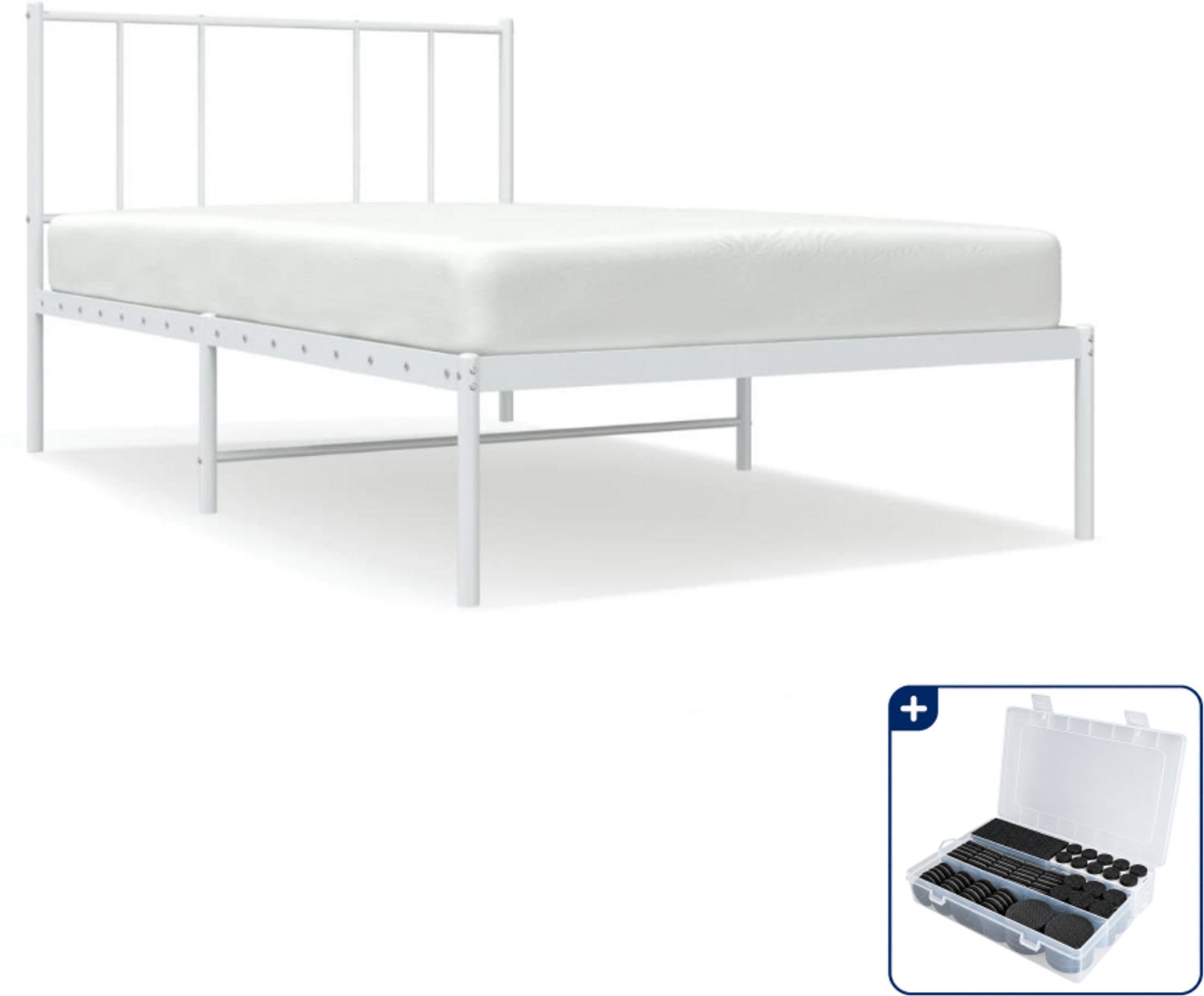vidaXL bedframe met hoofdbord - 90 x 200 cm - staal - wit - Inclusief antikrasvilt 177-delig