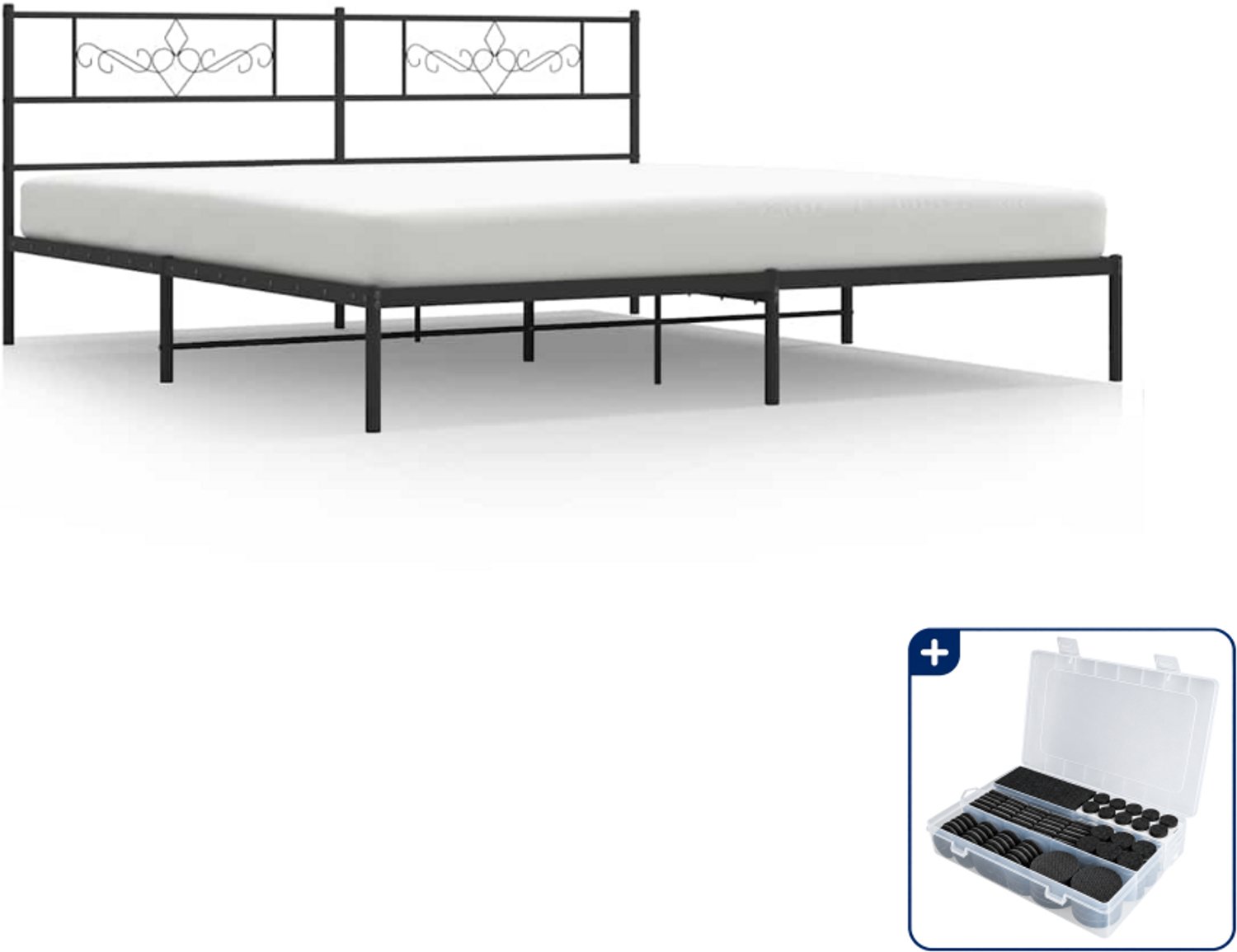 vidaXL bedframe met hoofdbord - 193 x 203 cm - staal - zwart - Inclusief antikrasvilt 177-delig