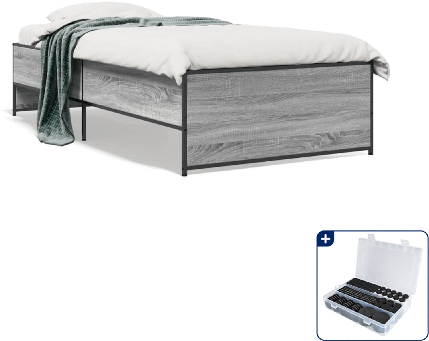 vidaXL bedframe - 100 x 200 cm - bewerkt hout en staal - grijs sonoma eiken - Inclusief antikrasvilt 177-delig