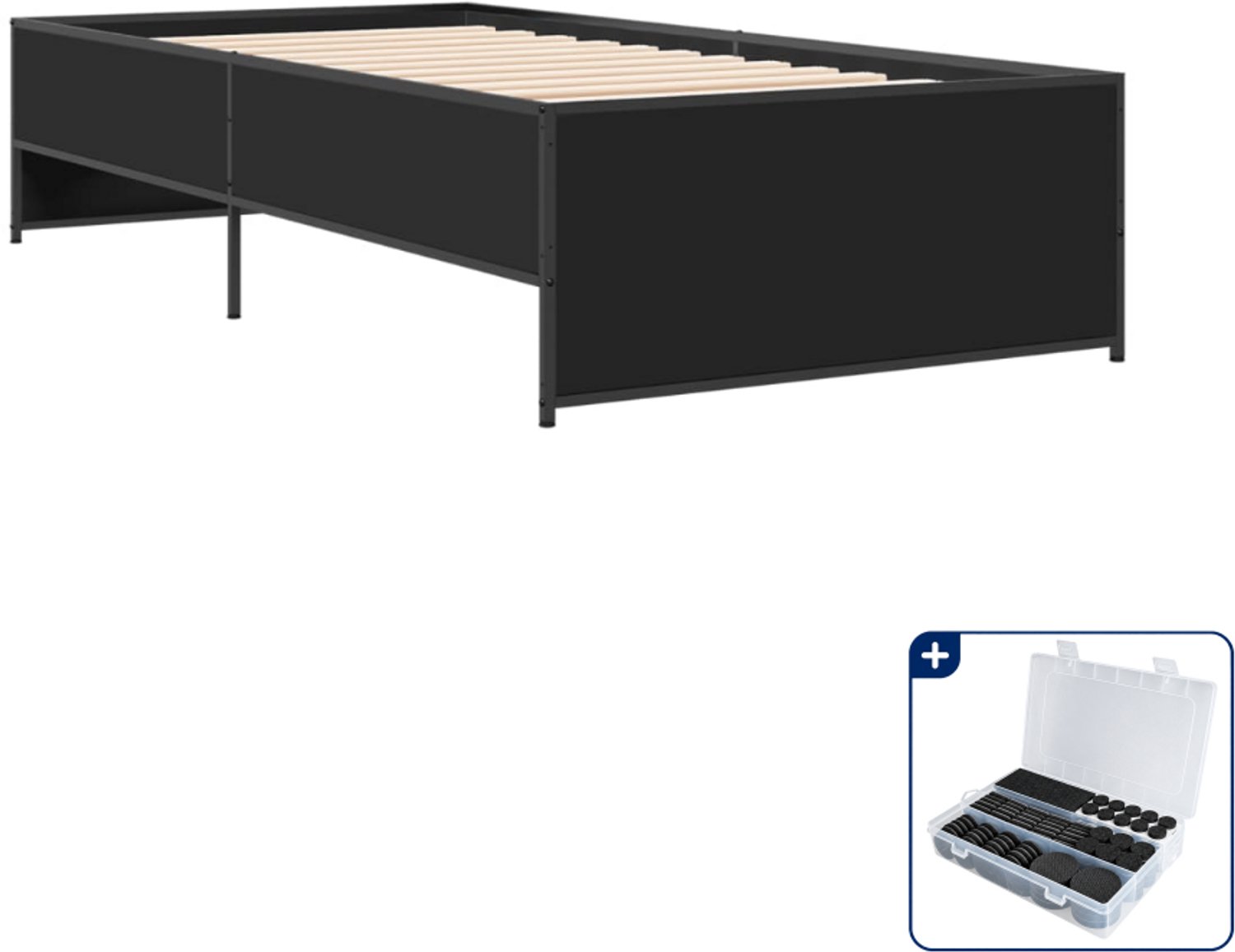 vidaXL bedframe - 100 x 200 cm - bewerkt hout en metaal - zwart - Inclusief antikrasvilt 177-delig
