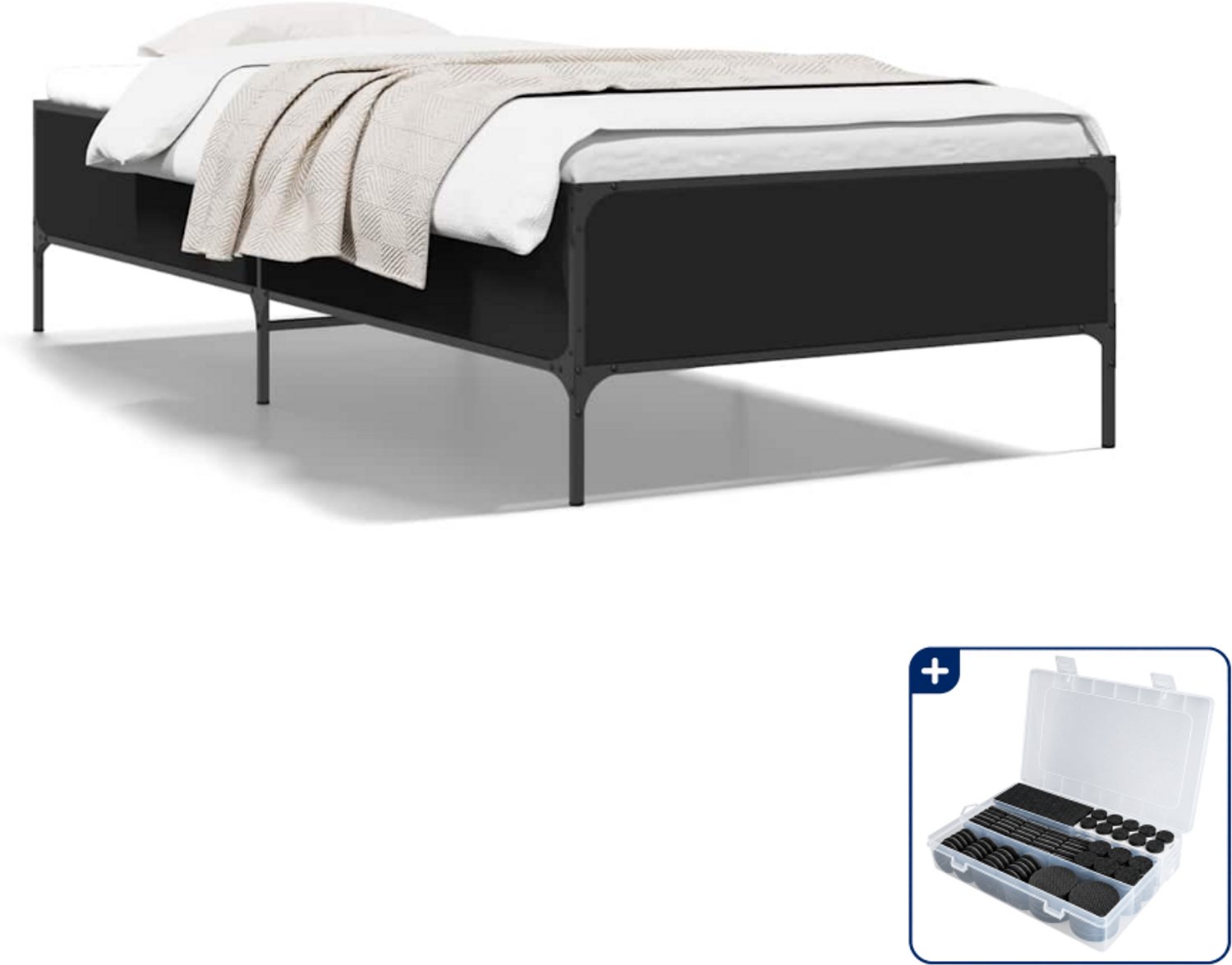 vidaXL bedframe - 90 x 200 cm - bewerkt hout en metaal - zwart - Inclusief antikrasvilt 177-delig