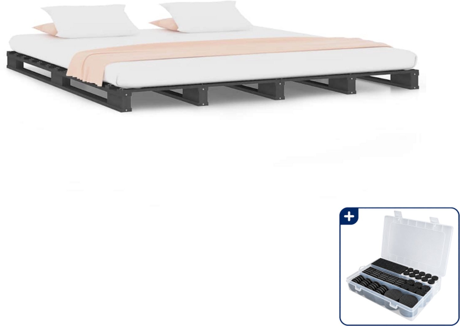vidaXL palletbed - 150 x 200 cm - massief grenenhout - grijs - Inclusief antikrasvilt 177-delig