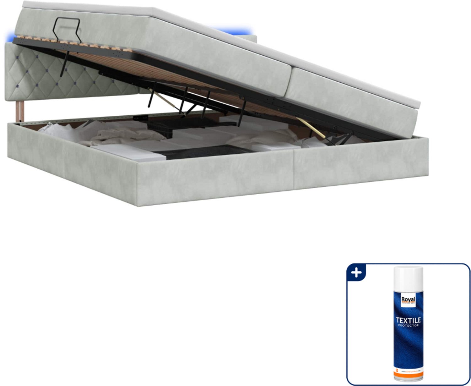 vidaXL led opslagbed met matras - 200 x 200 cm - fluweel - lichtgrijs - Inclusief textielbeschermer 500 ml