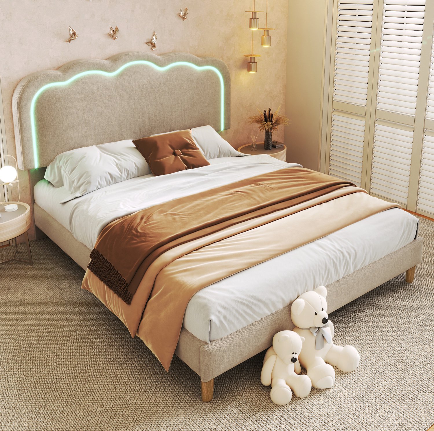 Maisentiel Gestoffeerd tweepersoonsbed 140 x 200 cm - beige - verstelbaar hoofdeinde met LED - lattenbodem