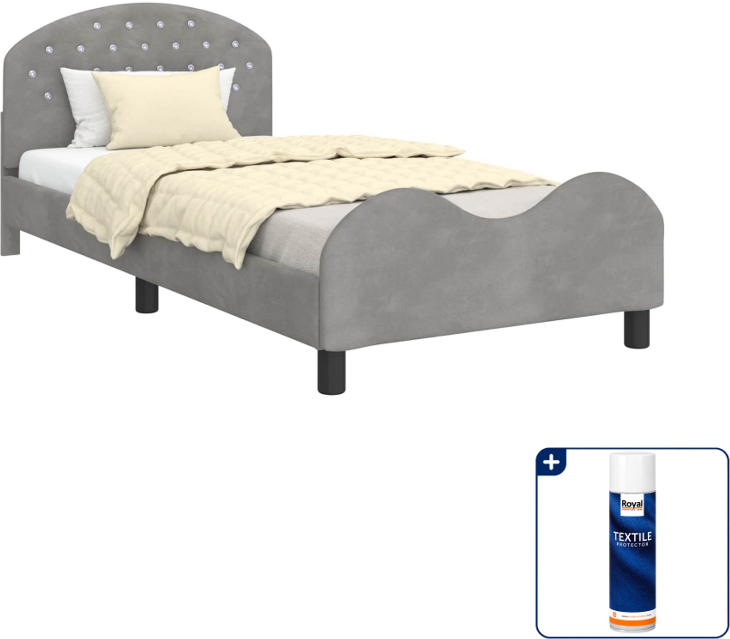 vidaXL kinderbedframe - 90 x 190 cm - bewerkt hout - lichtgrijs - Inclusief textielbeschermer 500 ml