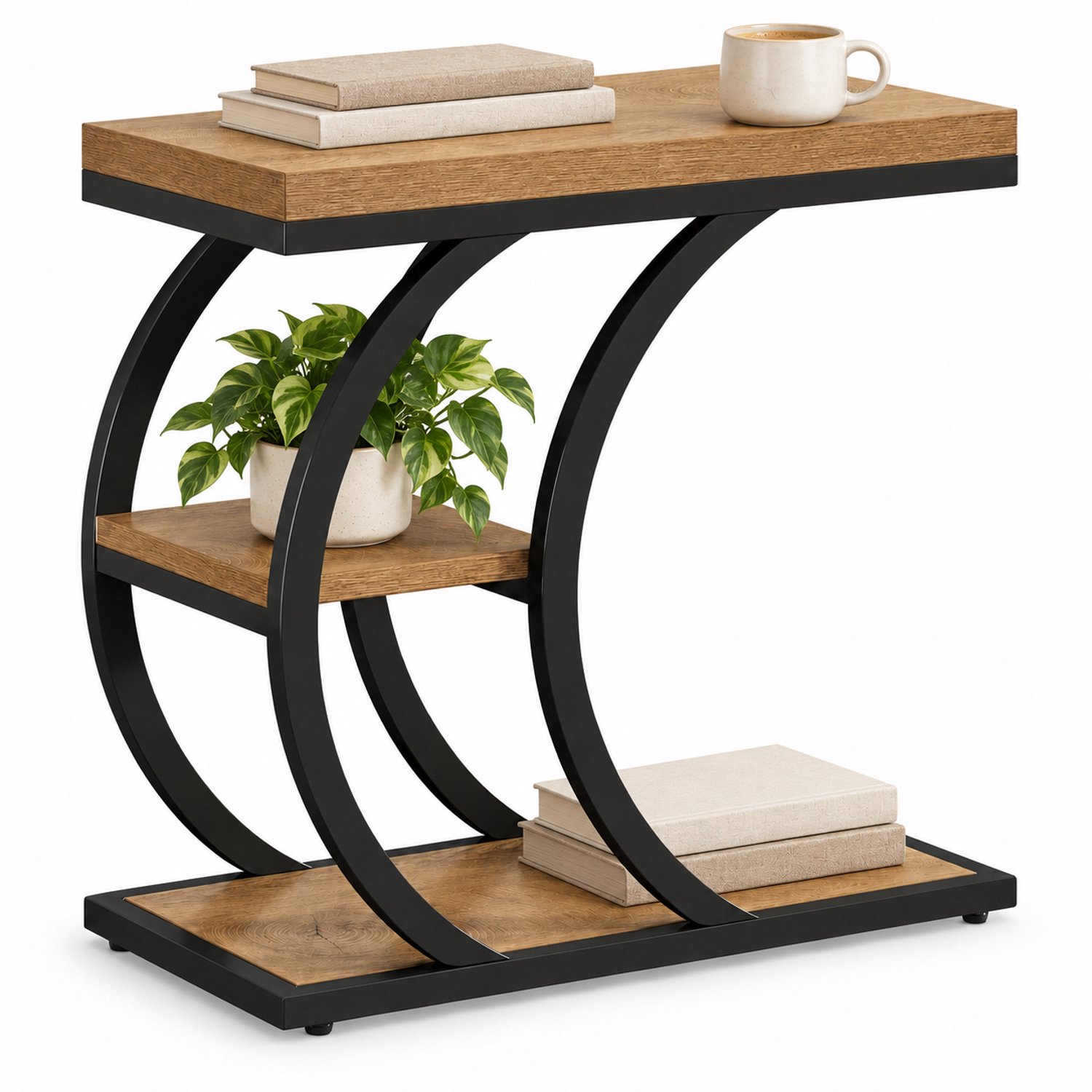 DMG Supply Bijzettafel - C-Vorm - 3 Niveaus - 60 x 30 x 58,5 cm - Naturel en Zwart - Spaanplaat en Metaal
